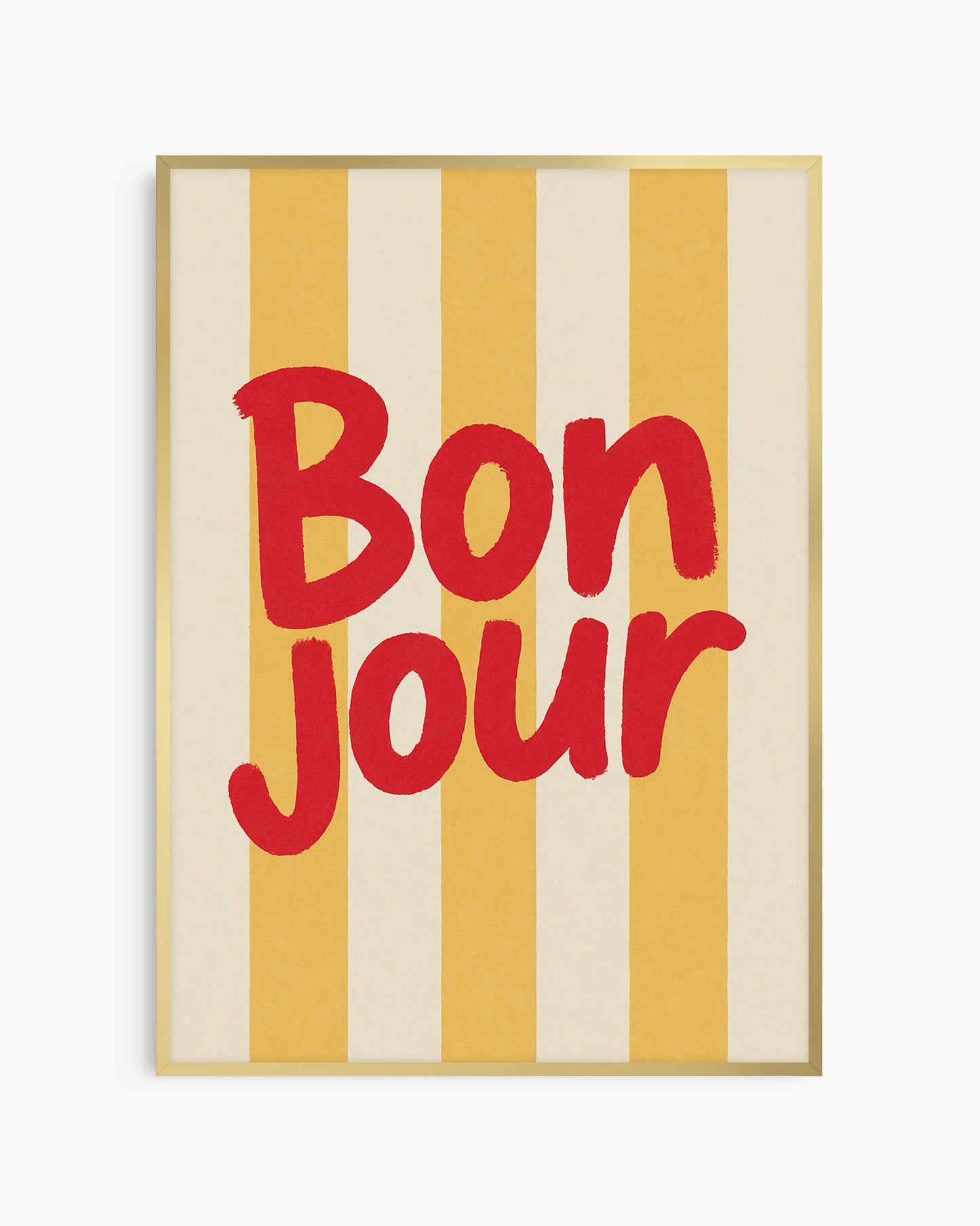 Poster with 'Bonjour' text in red on a striped yellow and beige background with a gold frame.