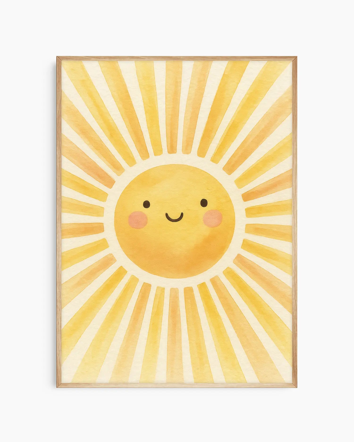 Children's poster of a sun with a smiling face on a yellow background framed in an oak frame.