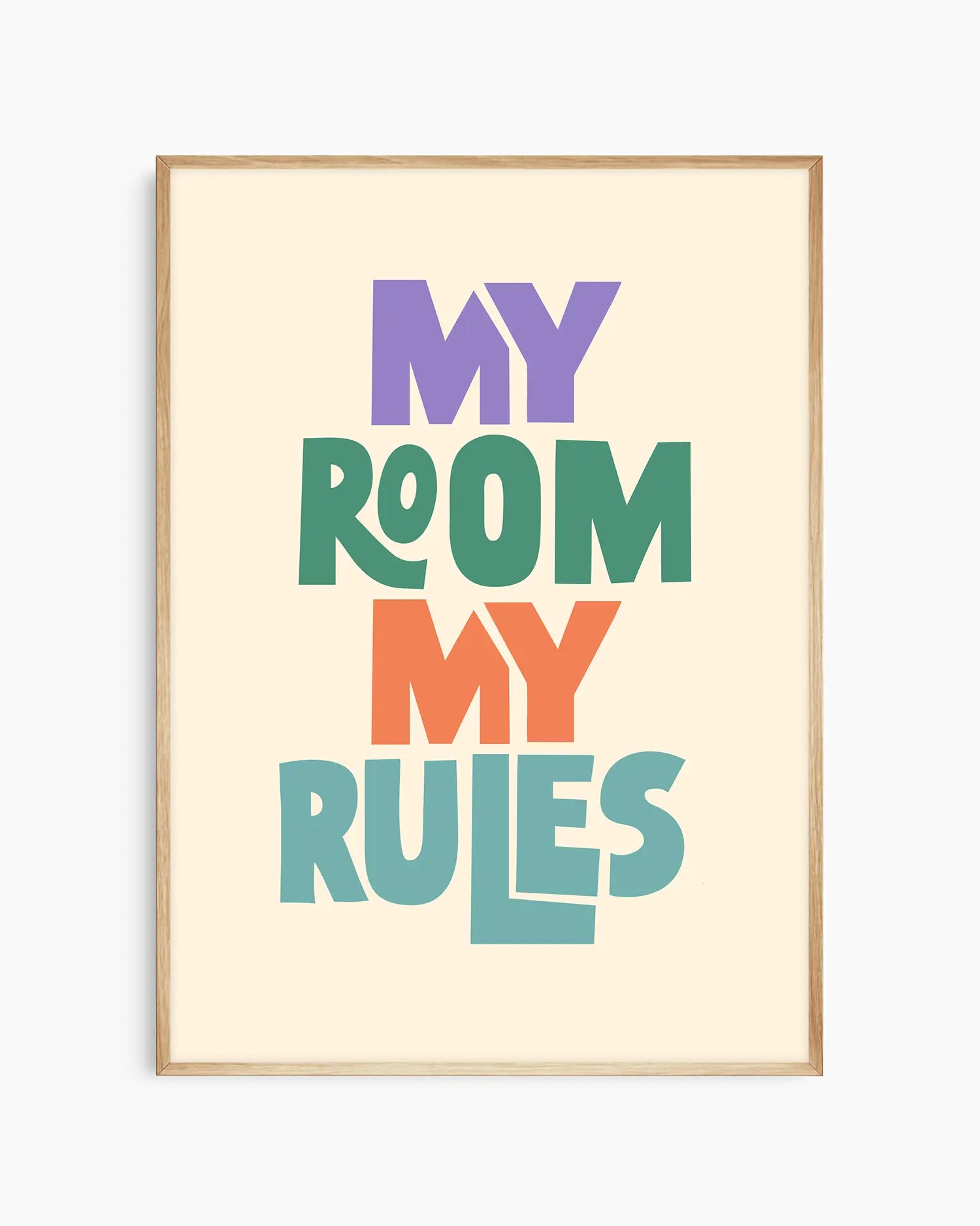 Beige children's poster with colorful text 'MY ROOM MY RULES' framed in an oak frame.