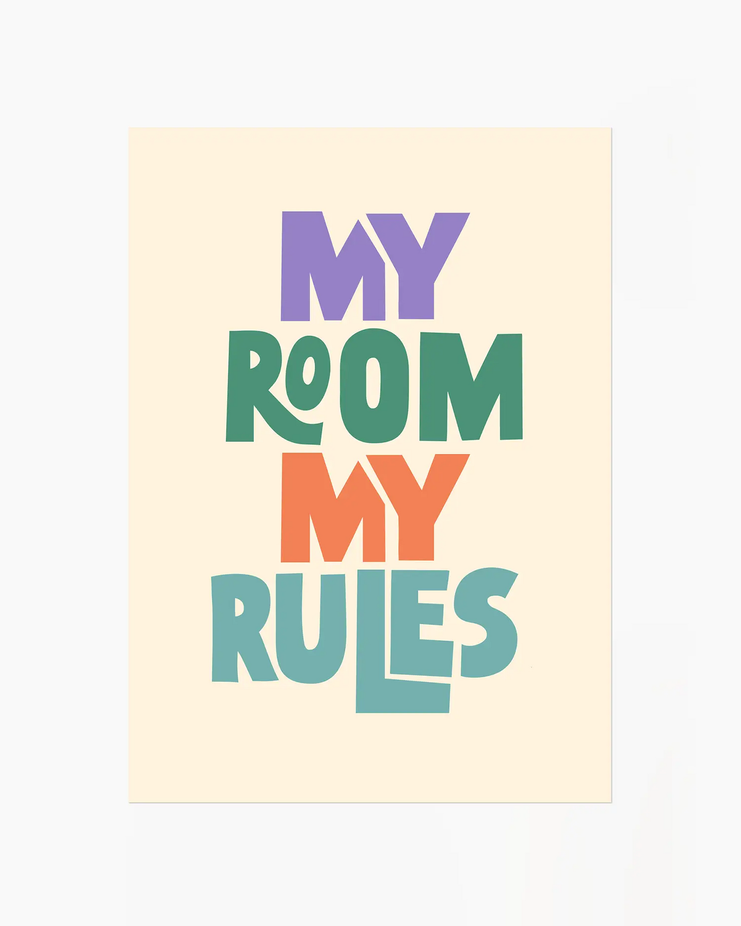 Beige children's poster with colorful text 'MY ROOM MY RULES'
