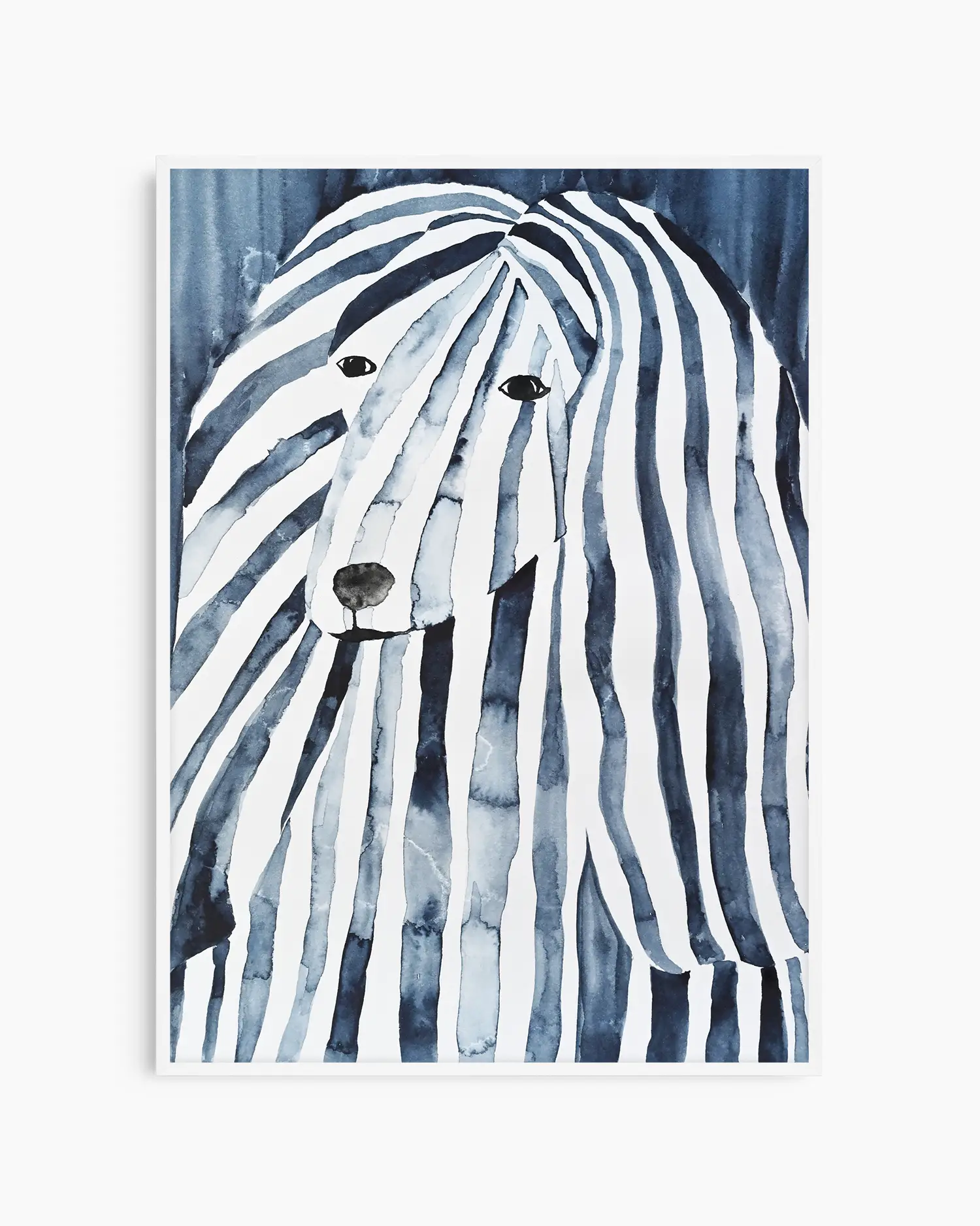 Watercolor painting of an afghan hound with blue and white stripes on a blue background framed in a white frame