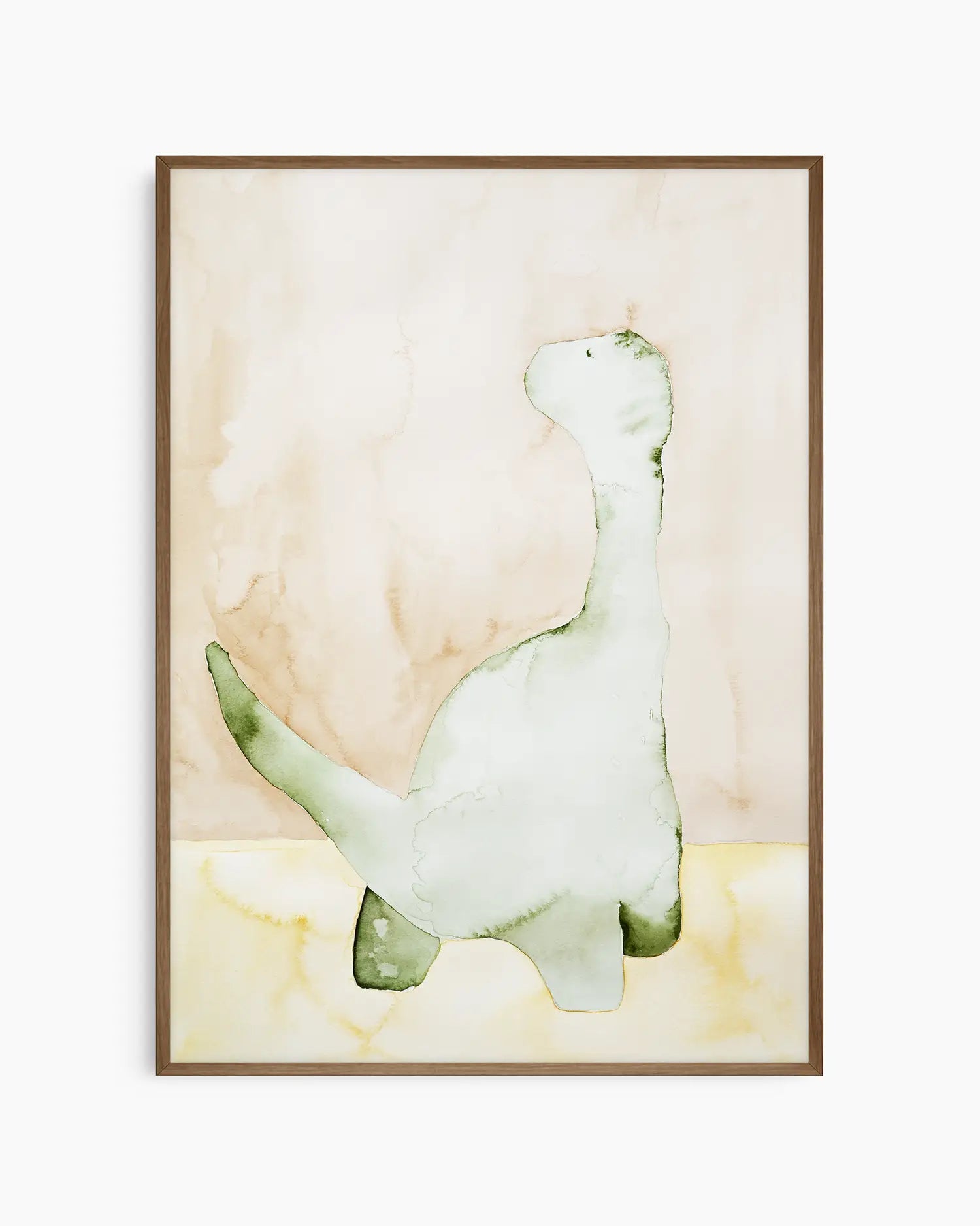 Children's poster of a green dinosaur inside of a dark oak frame