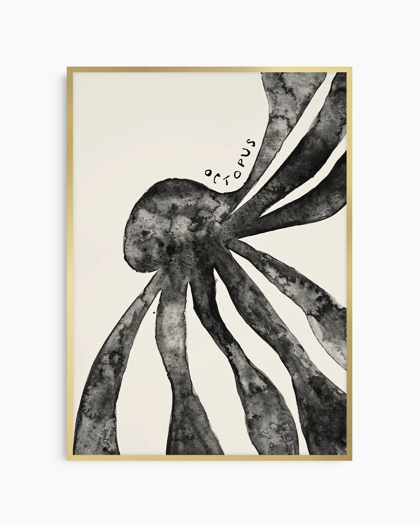 Black and white illustration of an octopus on a beige background inside of a gold frame