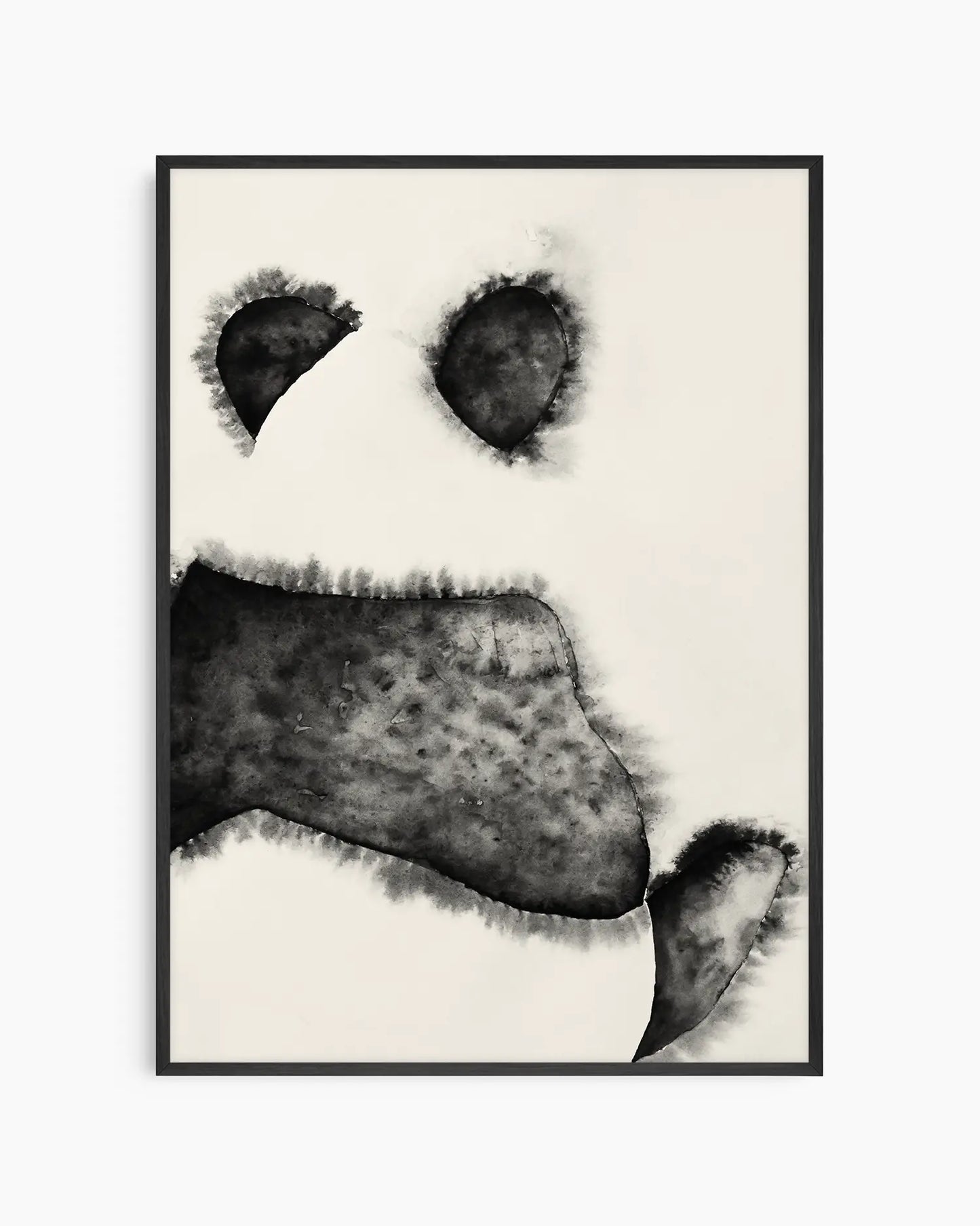 Black and white illustration of a panda bear's face on a beige background inside of a black frame