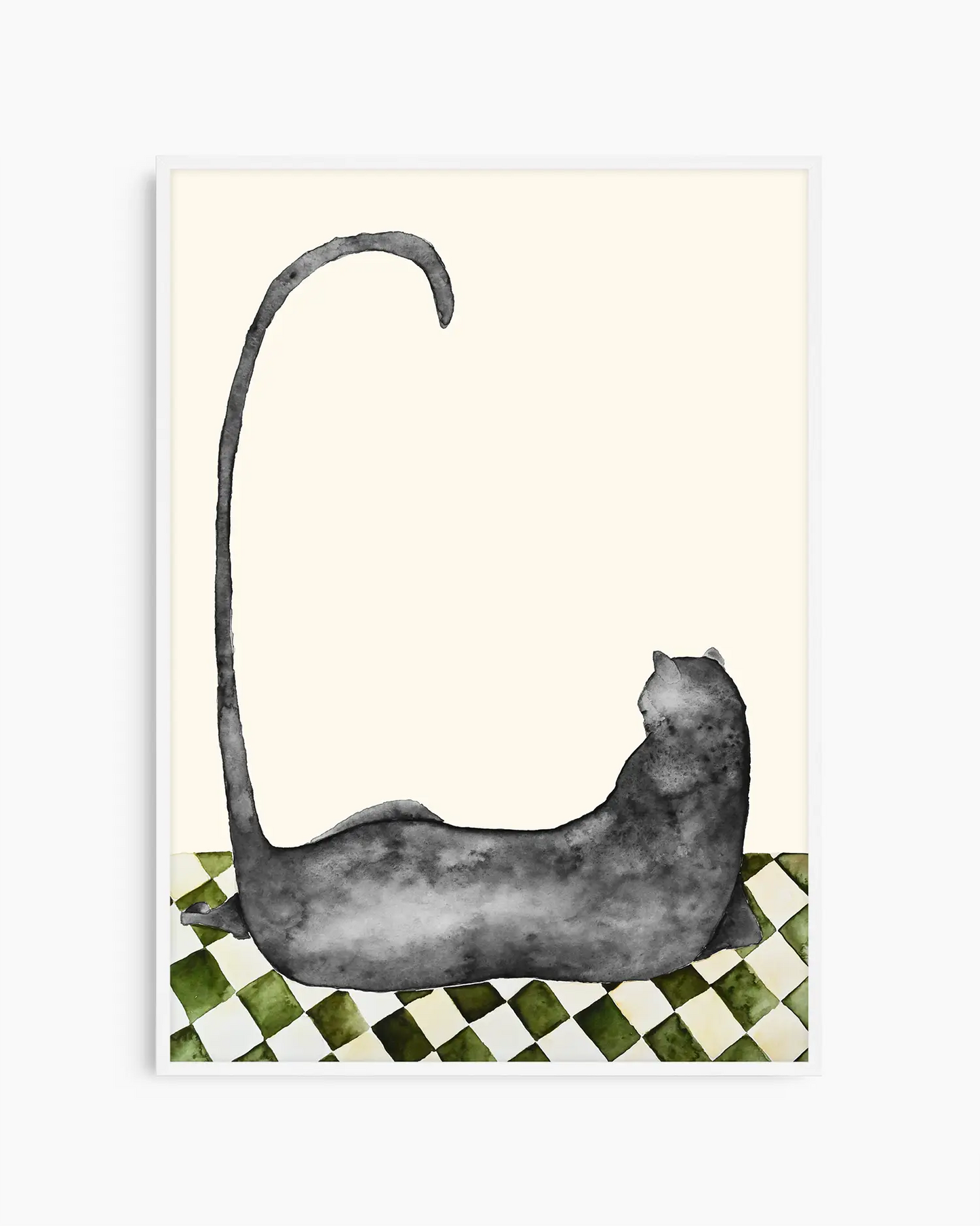 Illustration of a black cat lying on a checkered floor with a cream colored background framed in a white frame.