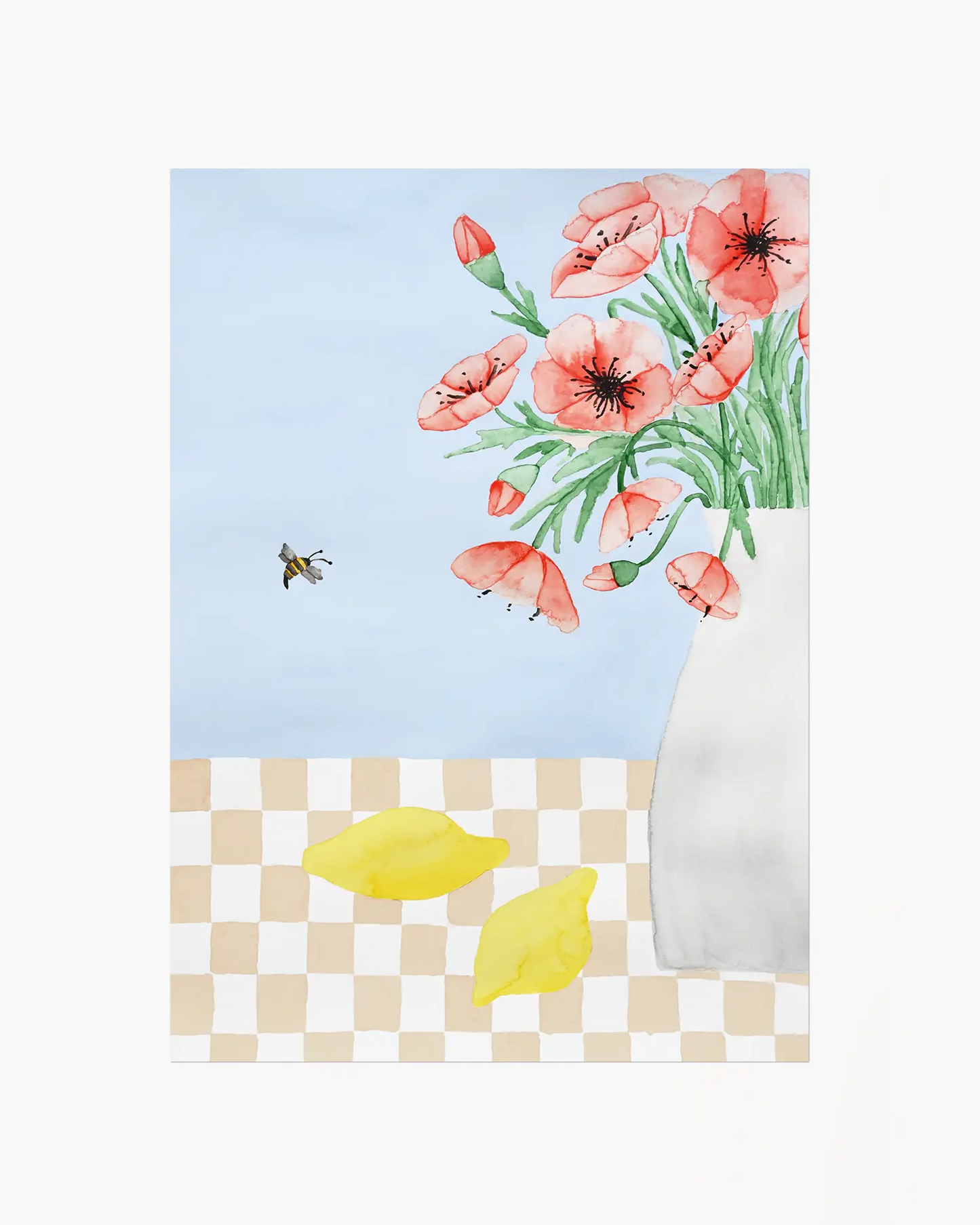 Nursery poster of red poppies in a white vase, a bee and two yellow lemons on a checkered table