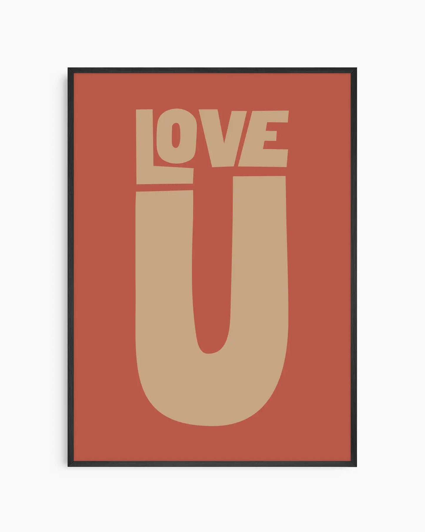 Red nursery poster with 'LOVE U' text framed in a black frame.