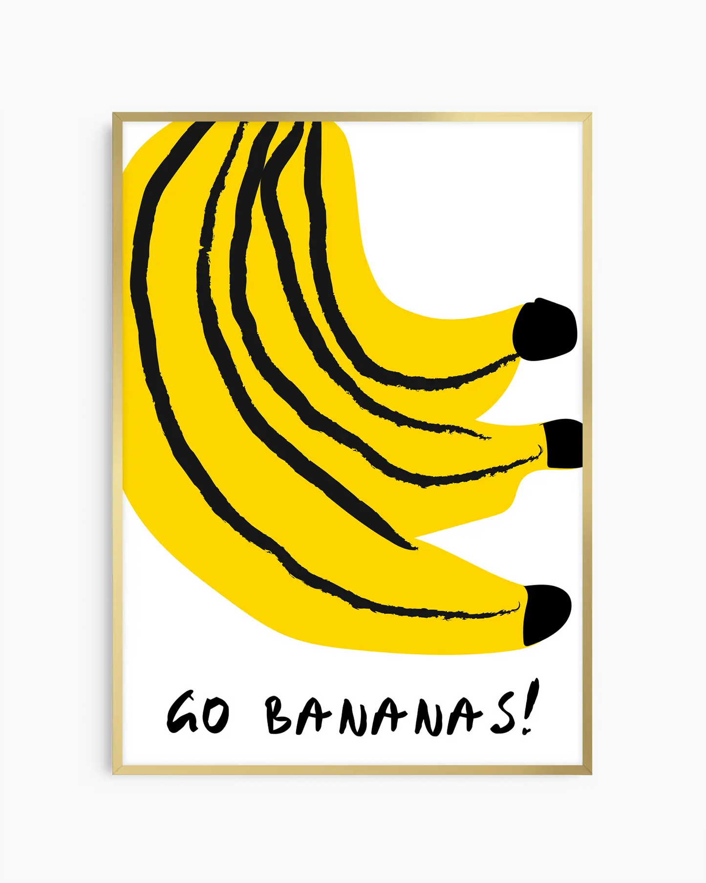 Nursery poster of bananas with the text 'GO BANANAS!' on a white background framed in gold frame