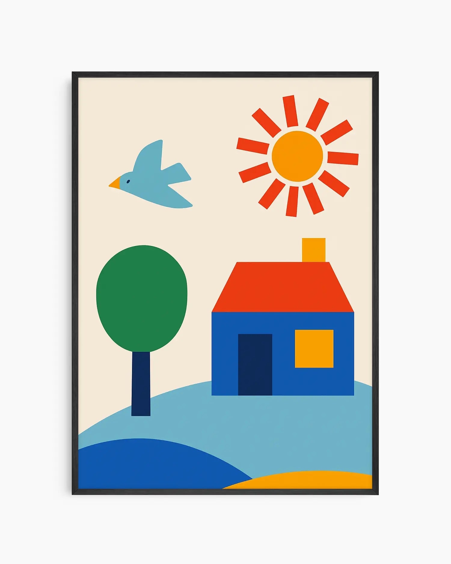 Colorful nursery poster of a house, tree, sun, and bird on a beige background framed in a black wooden frame