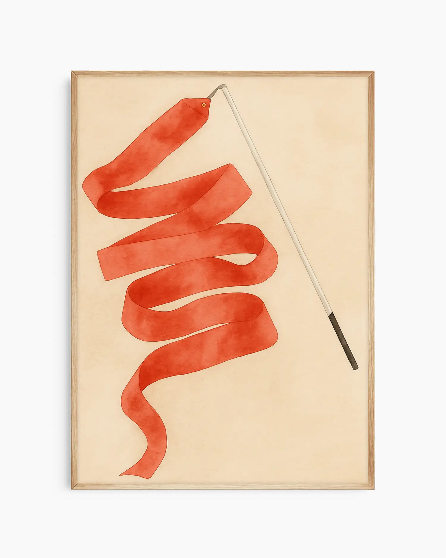 Framed artwork with a red ribbon on a stick against a beige background.