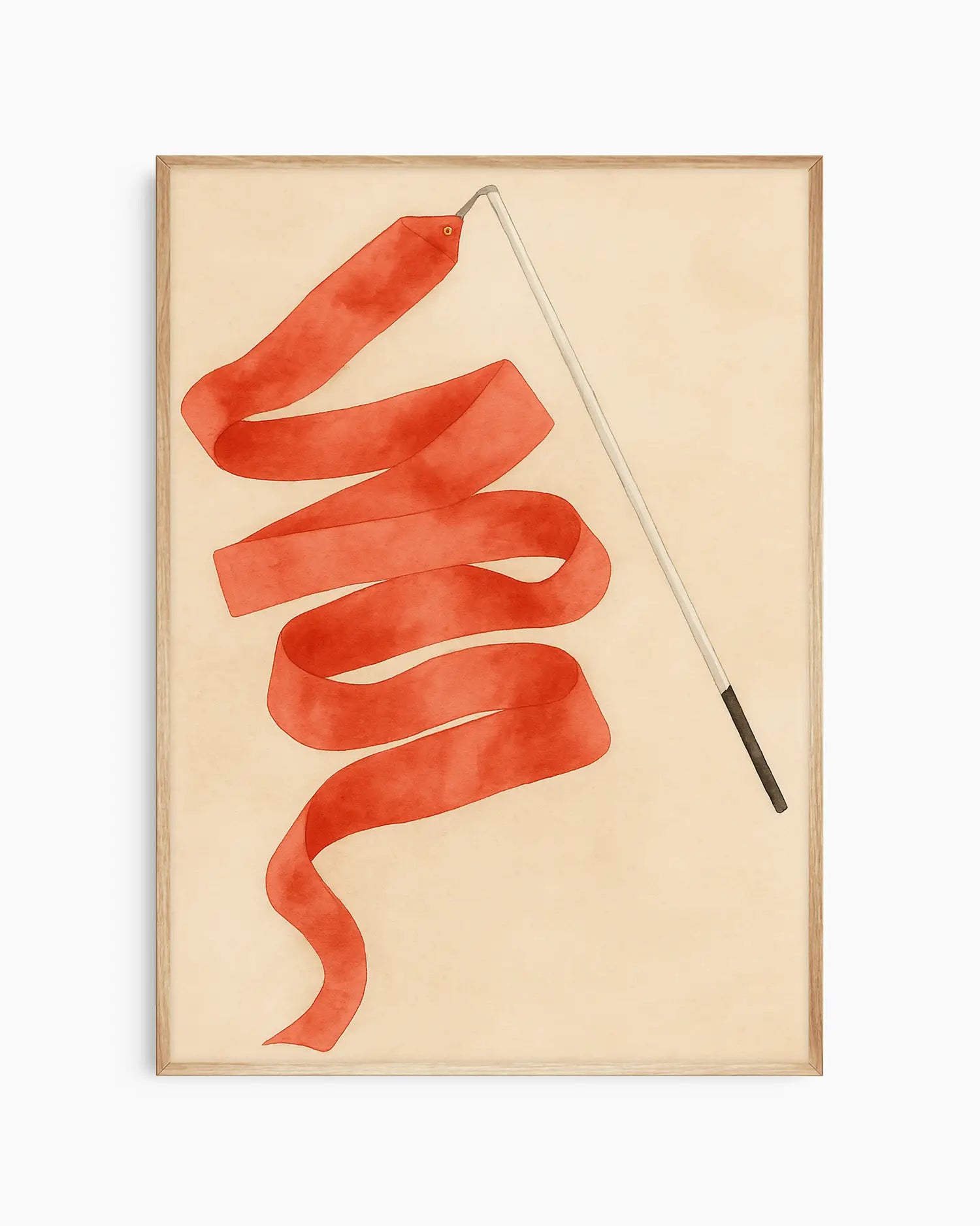 Framed artwork with a red ribbon on a stick against a beige background.