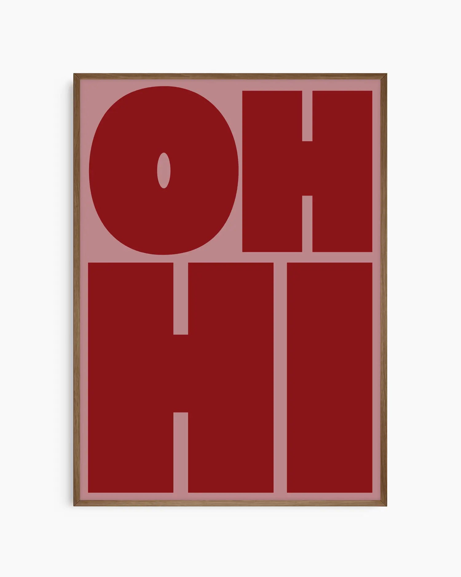 Nursery poster with red 'OH HI' text on a pink background. Dark oak frame.