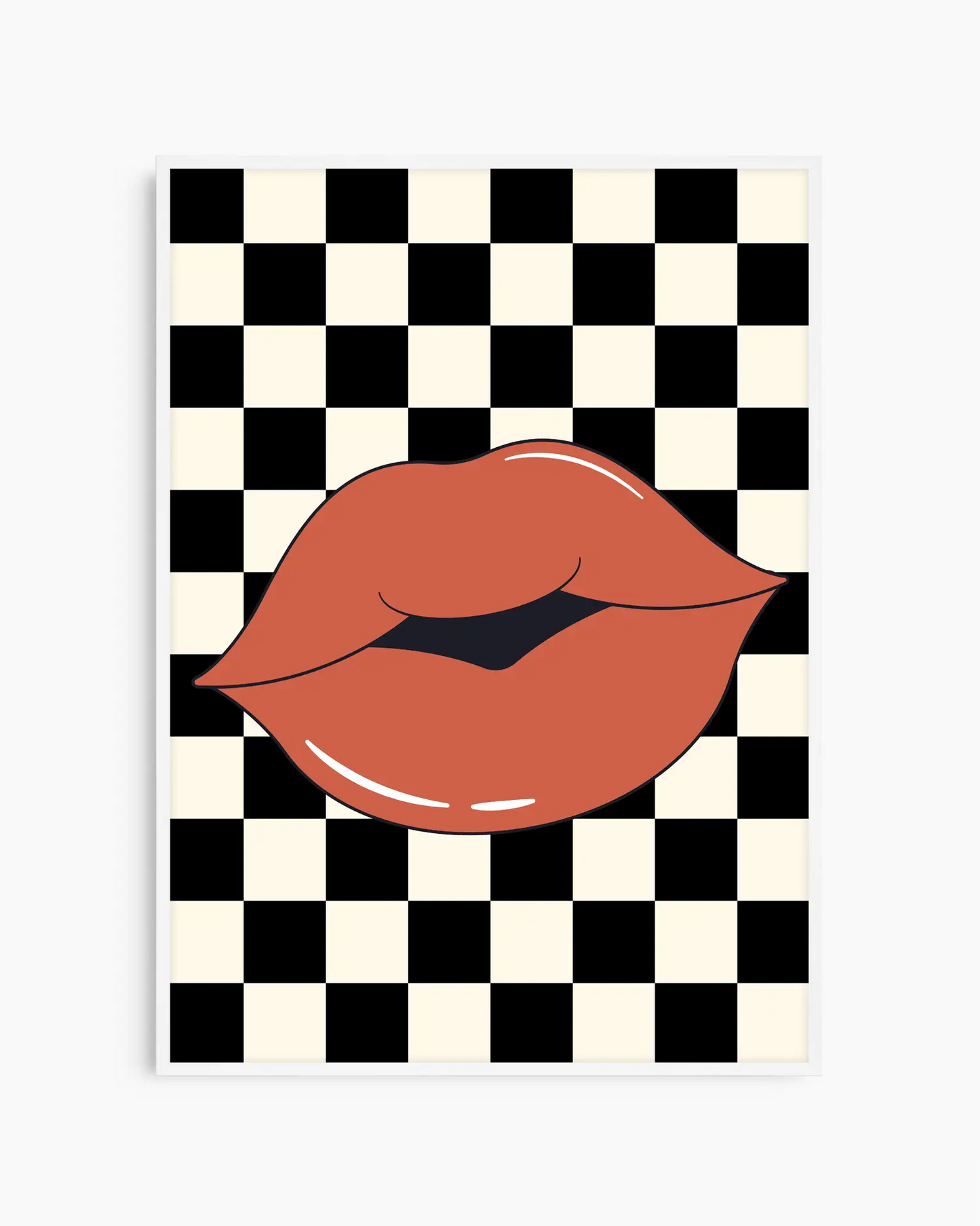 Poster with kissing red lips design on a black and white checkered background. White frame.