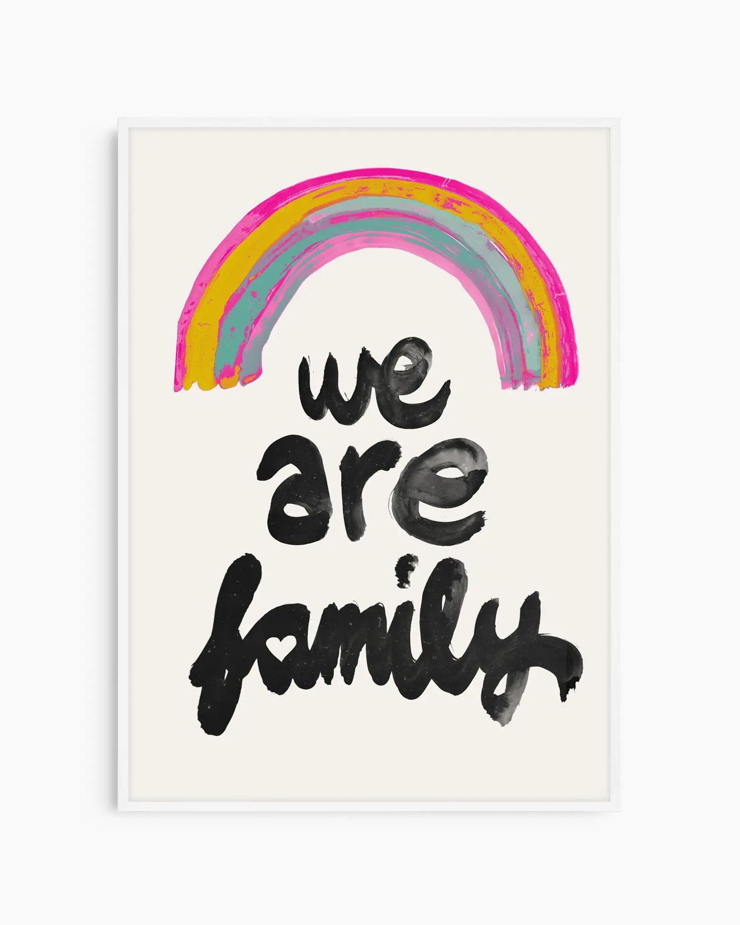 Framed artwork with a rainbow and 'we are family' text on a white background