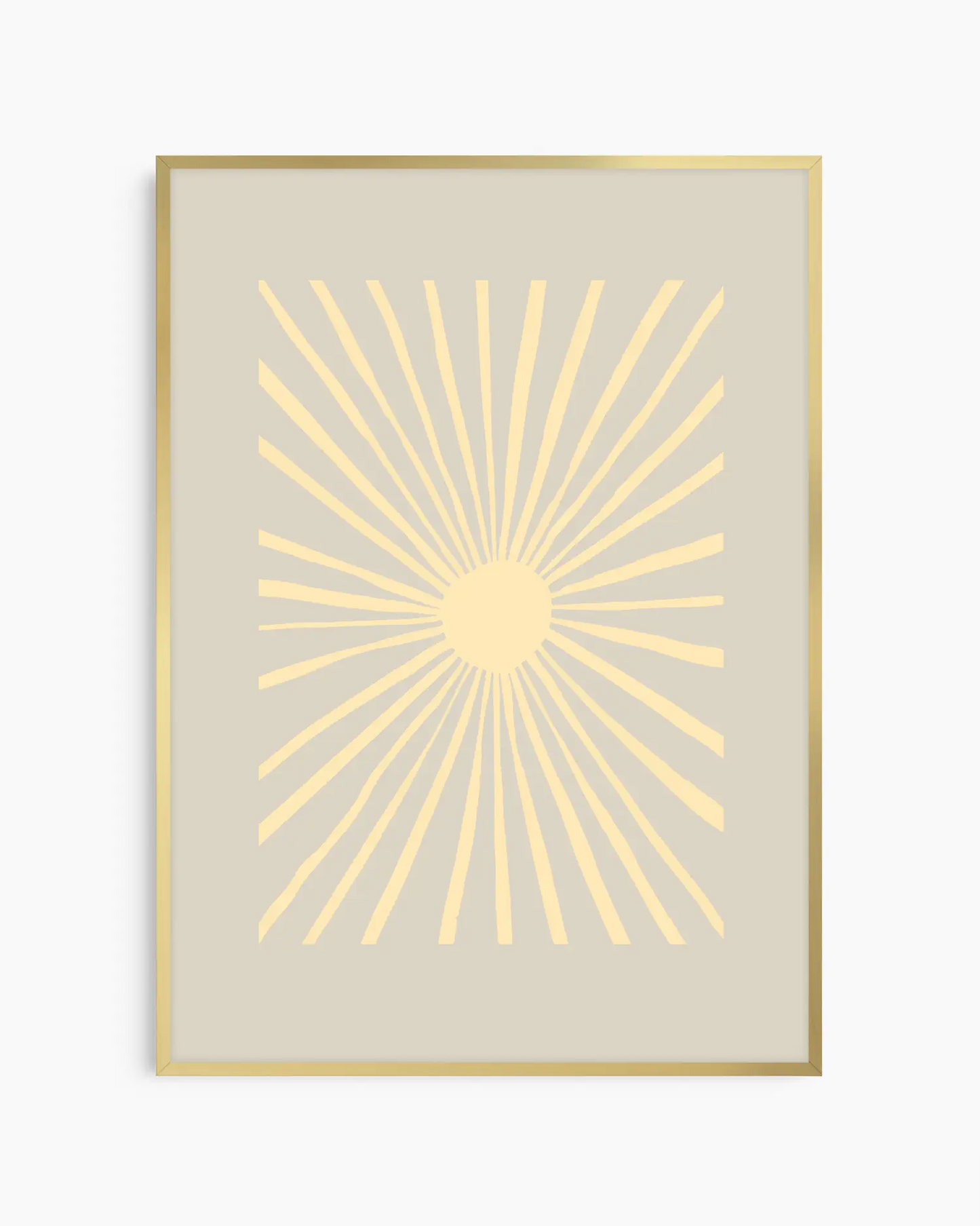 Framed artwork with a yellow sunburst design on a beige background