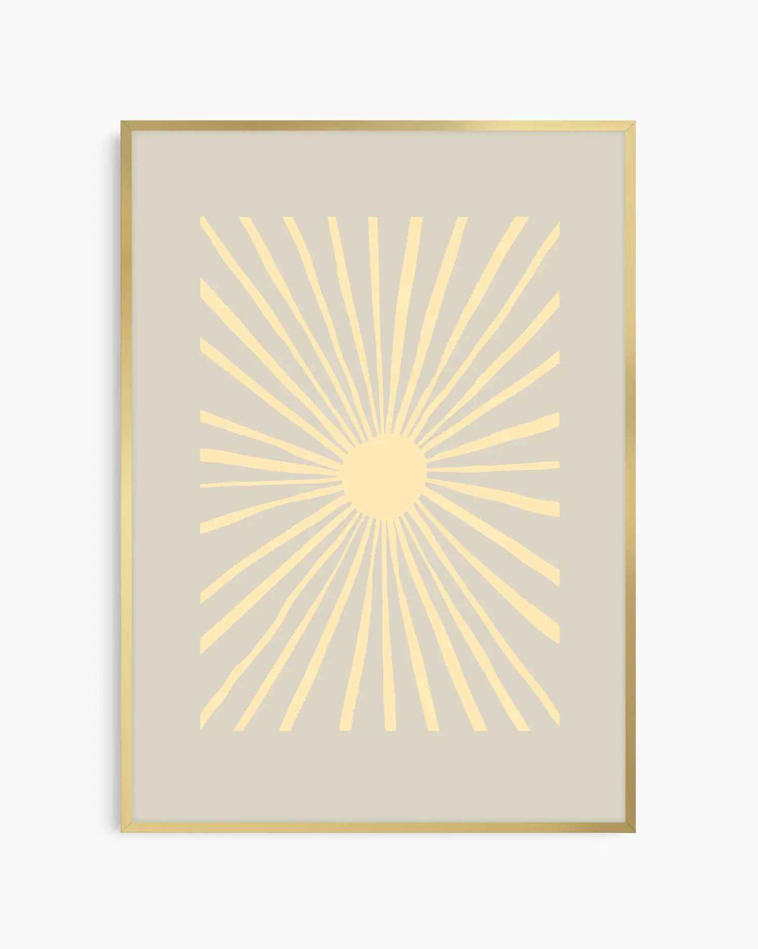 Framed artwork with a yellow sunburst design on a beige background
