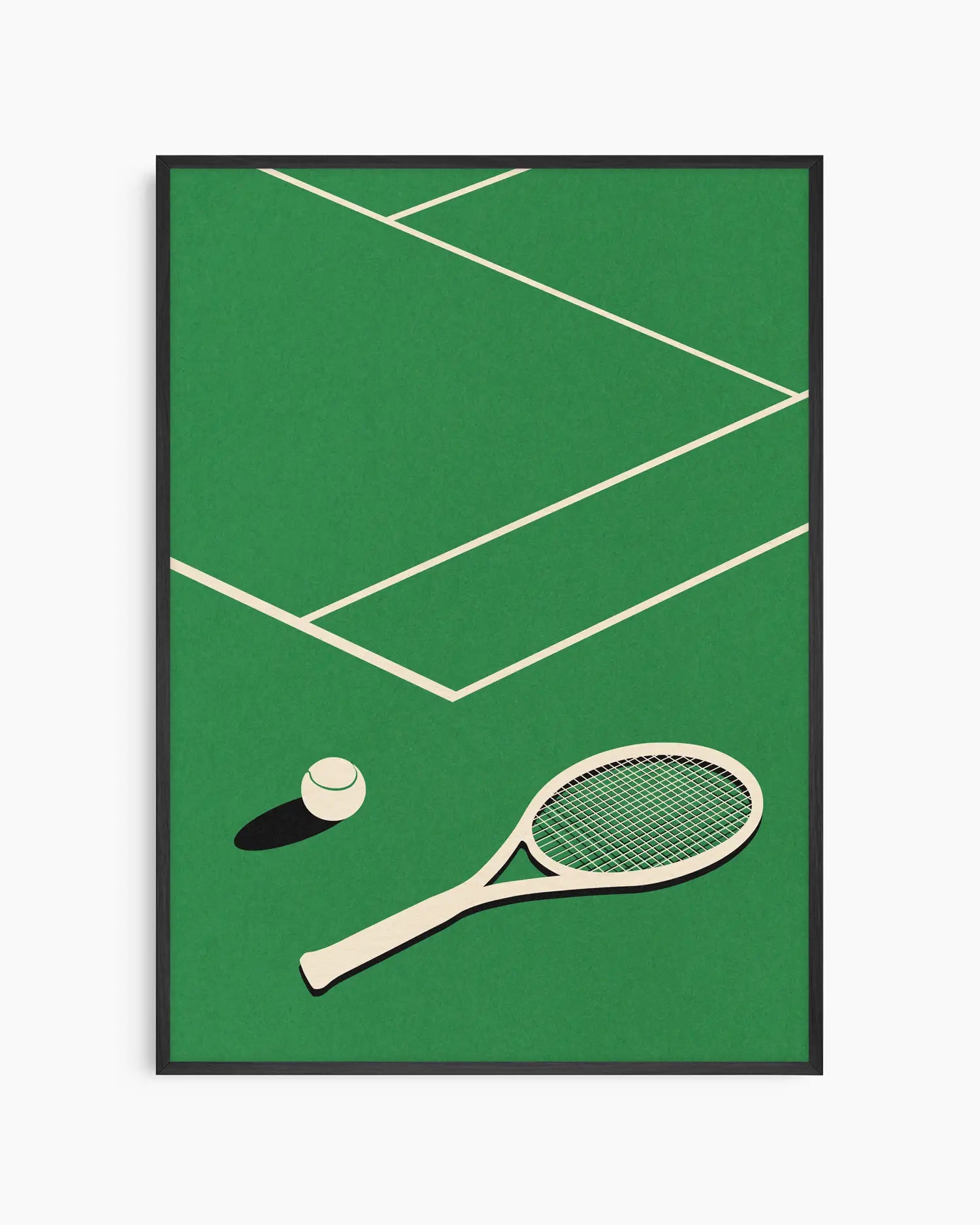 Framed artwork of a tennis court with a racket and ball on a green background