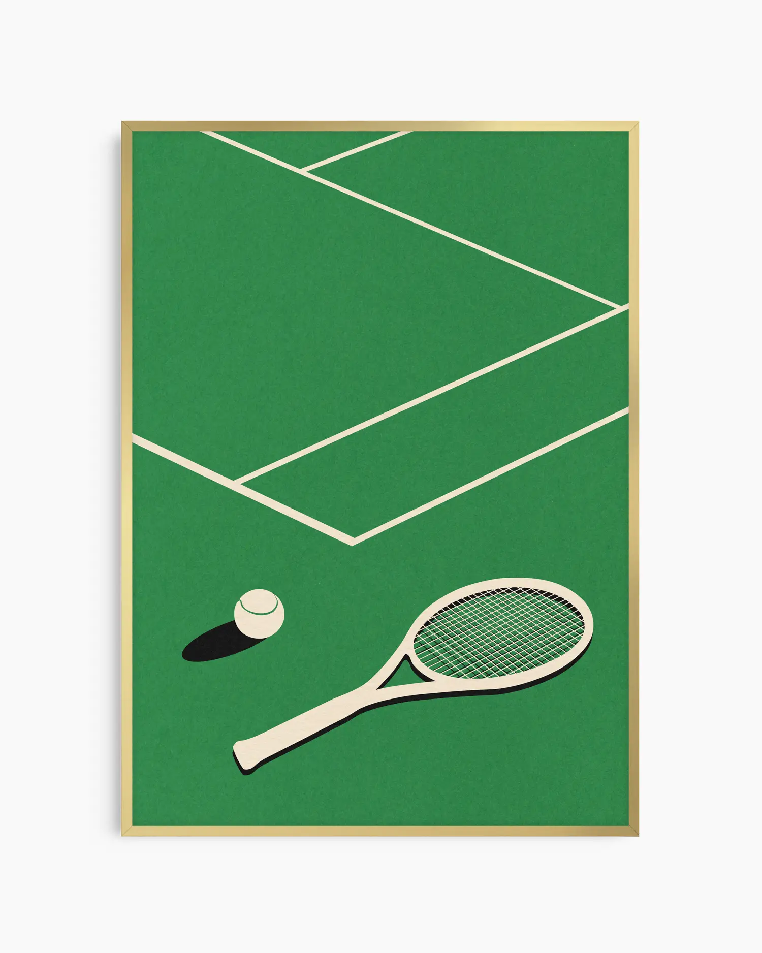 Framed artwork of a tennis racket and ball on a green background with white lines.