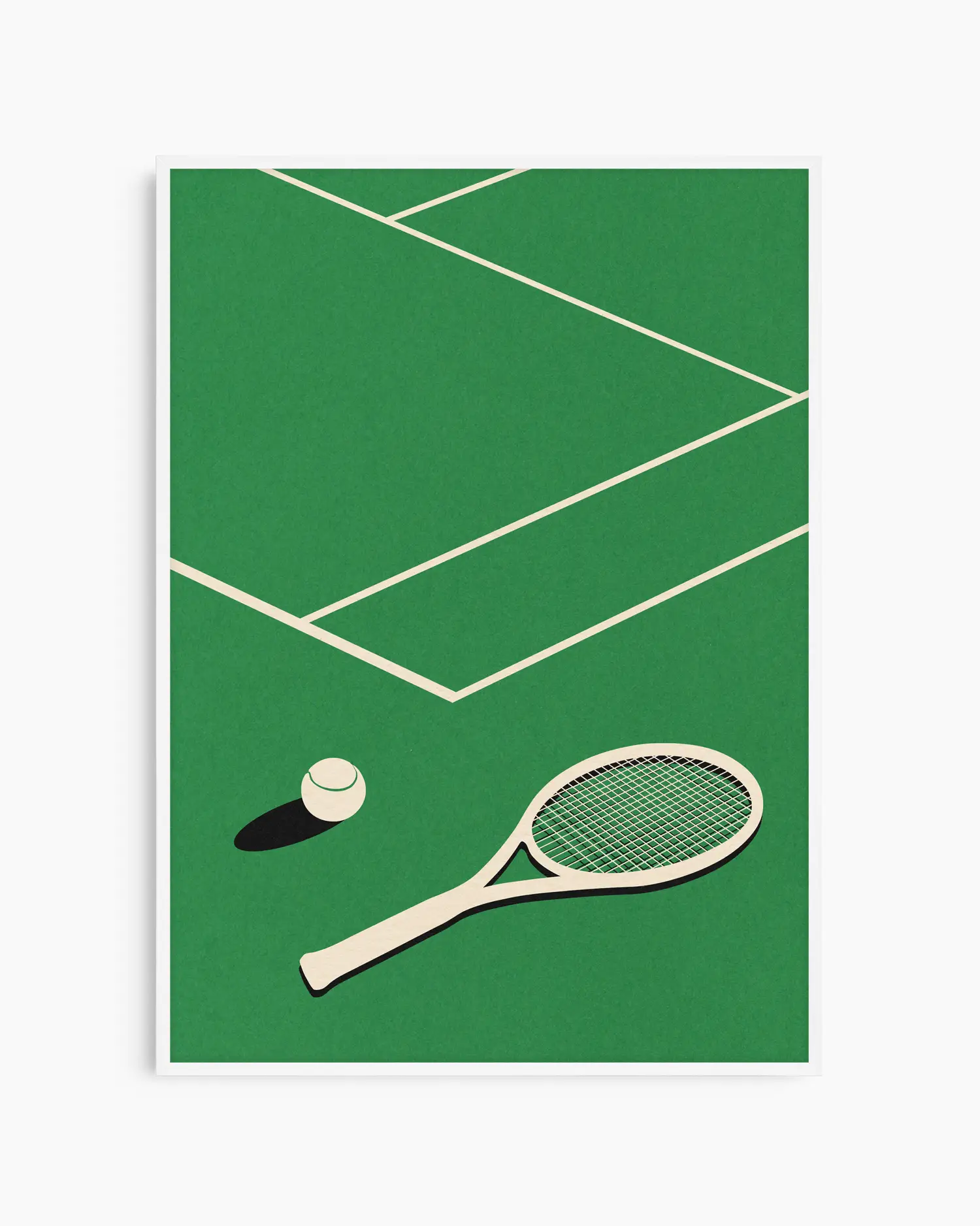 Tennis racket and ball on a green court with white lines