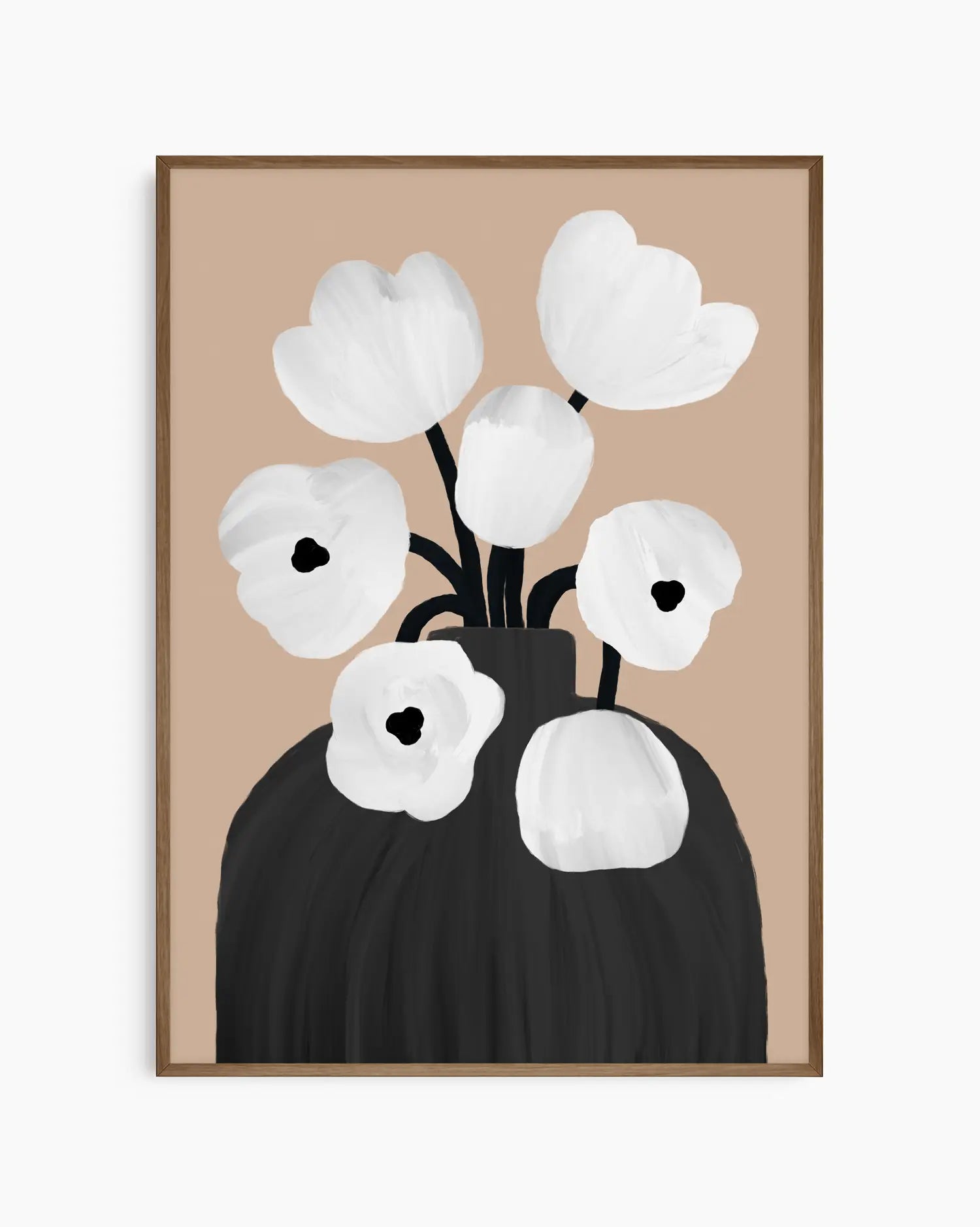 Framed artwork of a black vase with white flowers on a beige background