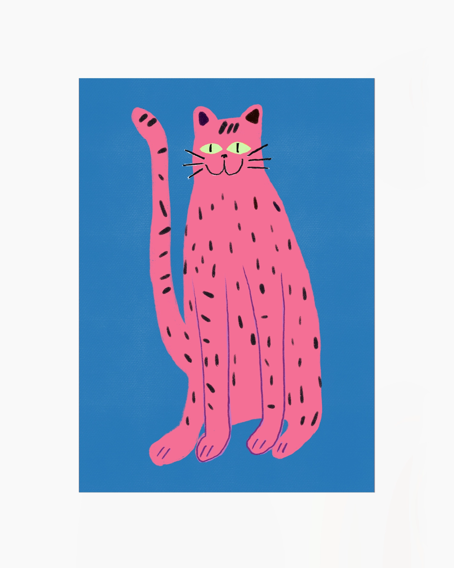 Illustration of a pink cat with black spots on a blue background