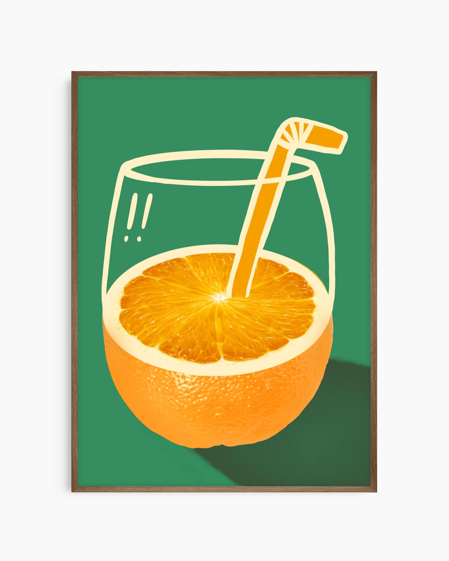 Framed artwork of a glass with an orange slice and straw on a green background