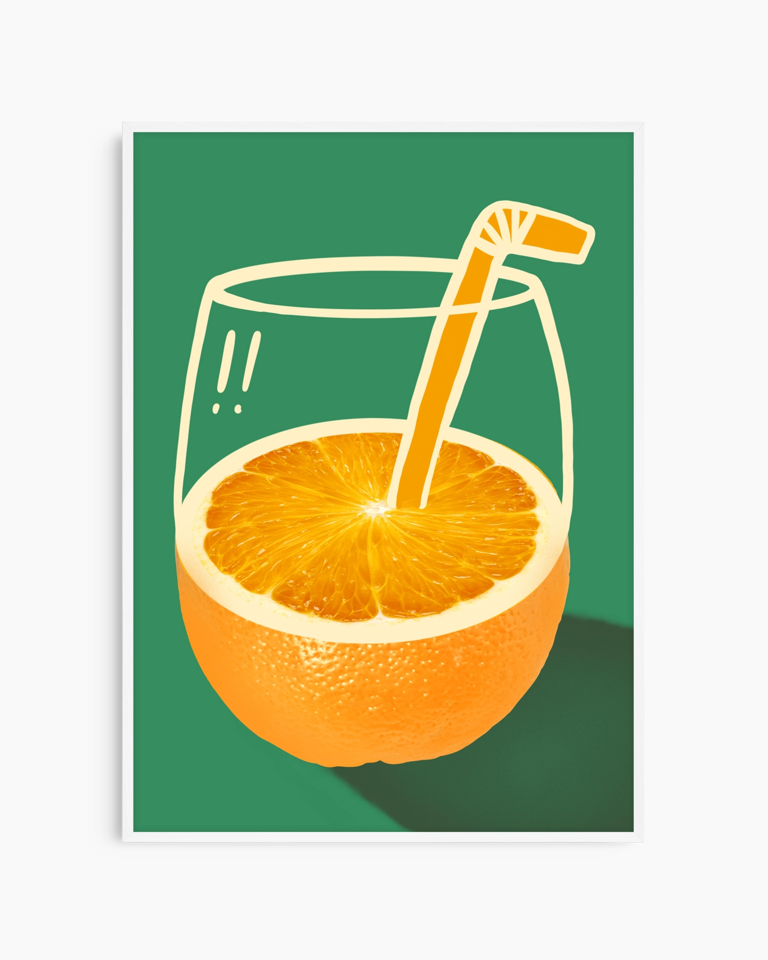 Illustration of an orange with a glass of juice and straw on a green background