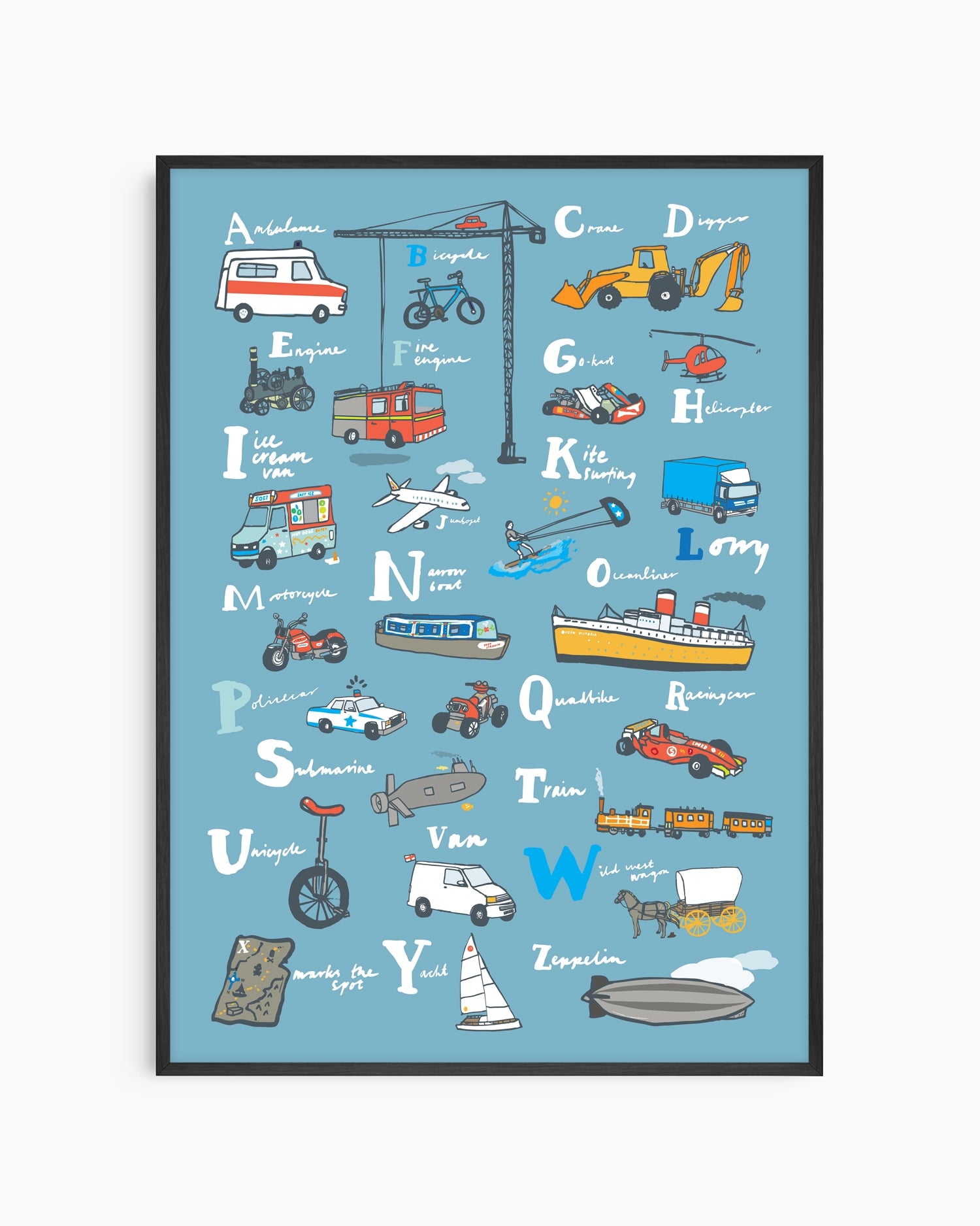 Children's alphabet poster with illustrations of vehicles and objects on a blue background