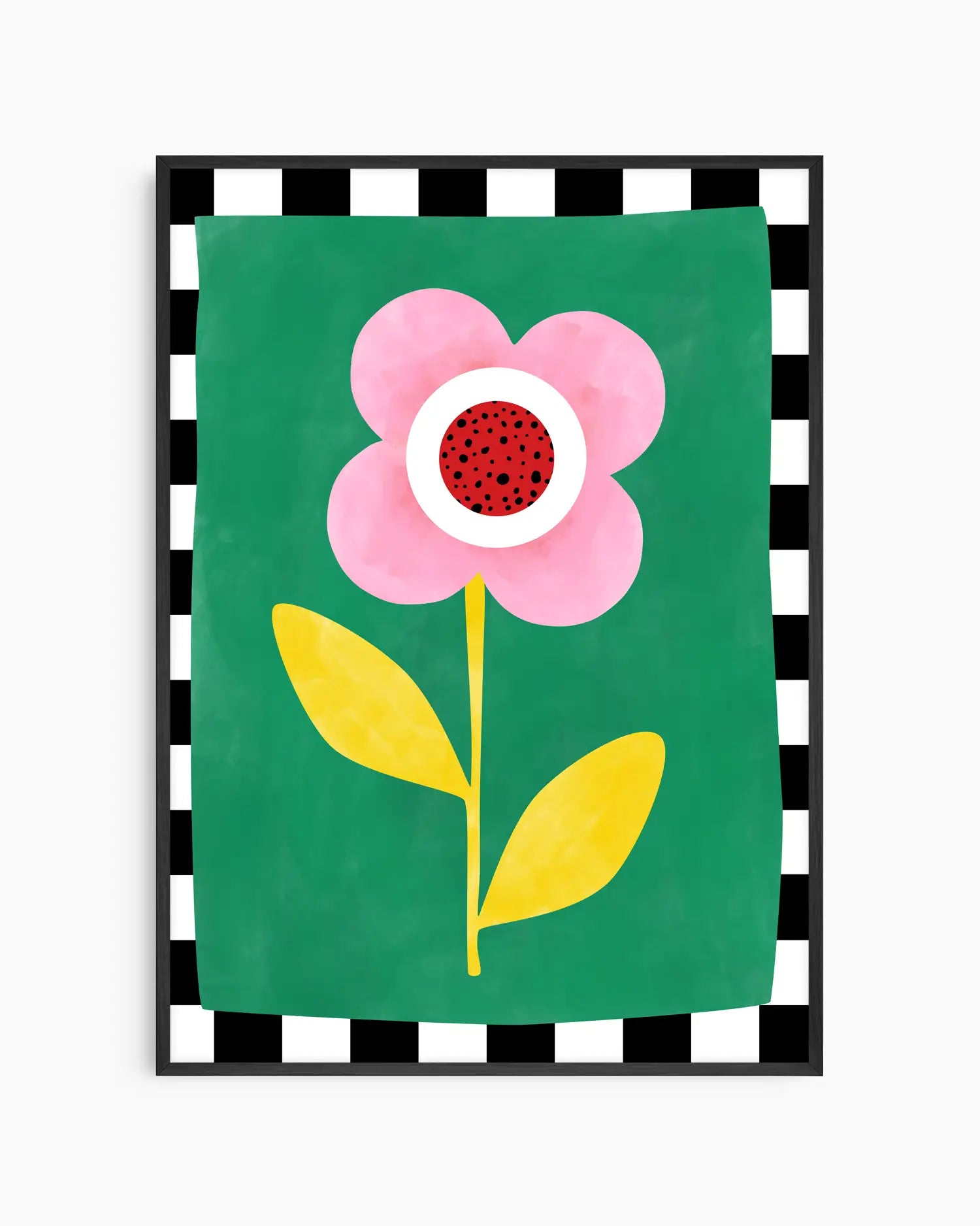 Framed artwork of a pink flower with yellow leaves on a green background, framed in black and white checkered style.