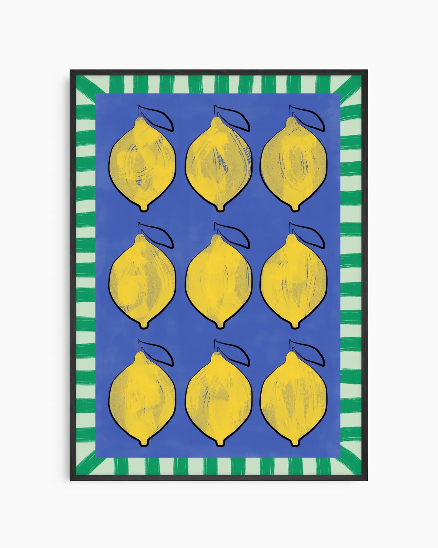 Framed artwork with yellow lemons on a blue background and green striped border