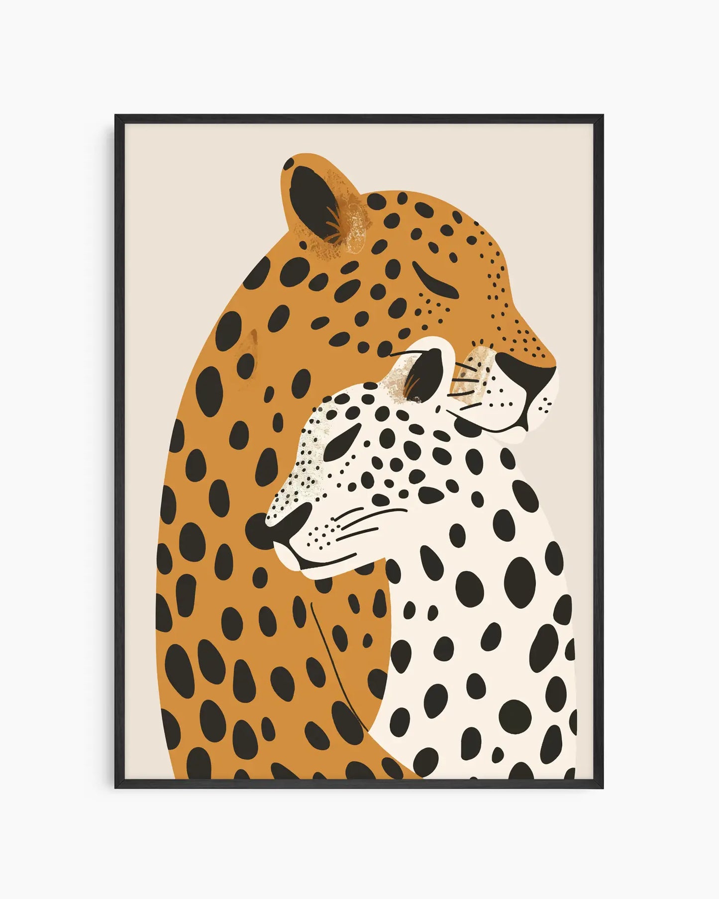 Nursery artwork of two leopards with different patterns on a beige background framed in a black wooden frame.