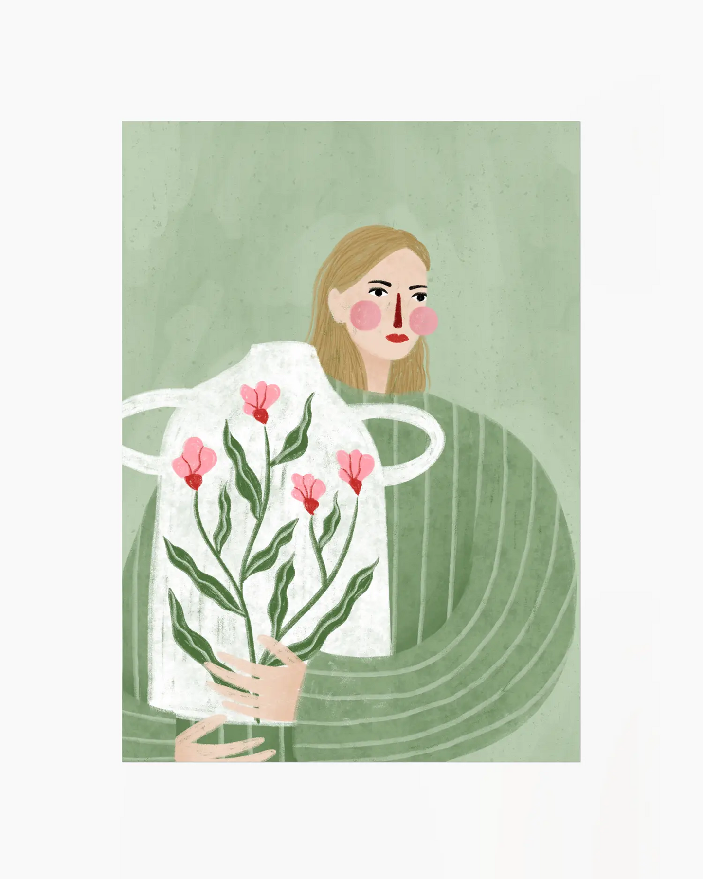 Illustration of a person holding flowers with a green background