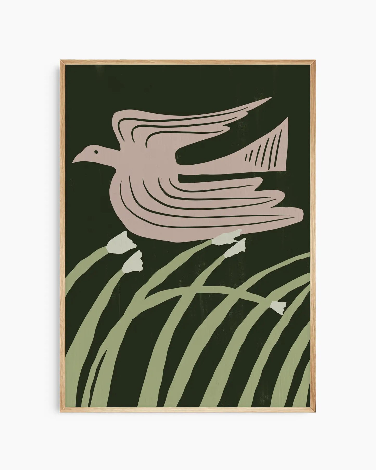 Framed artwork of a bird and grasses on a dark green background