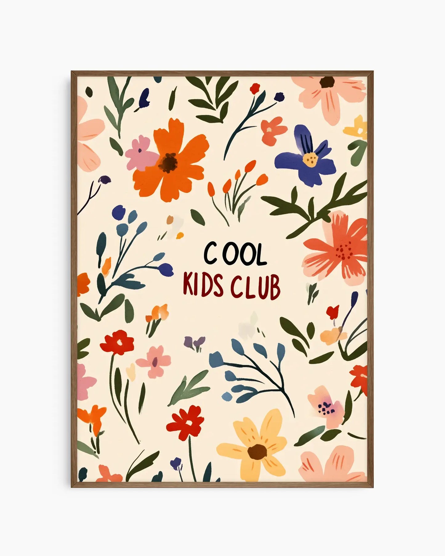 Poster with colorful floral design and 'Cool Kids Club' text on a beige background