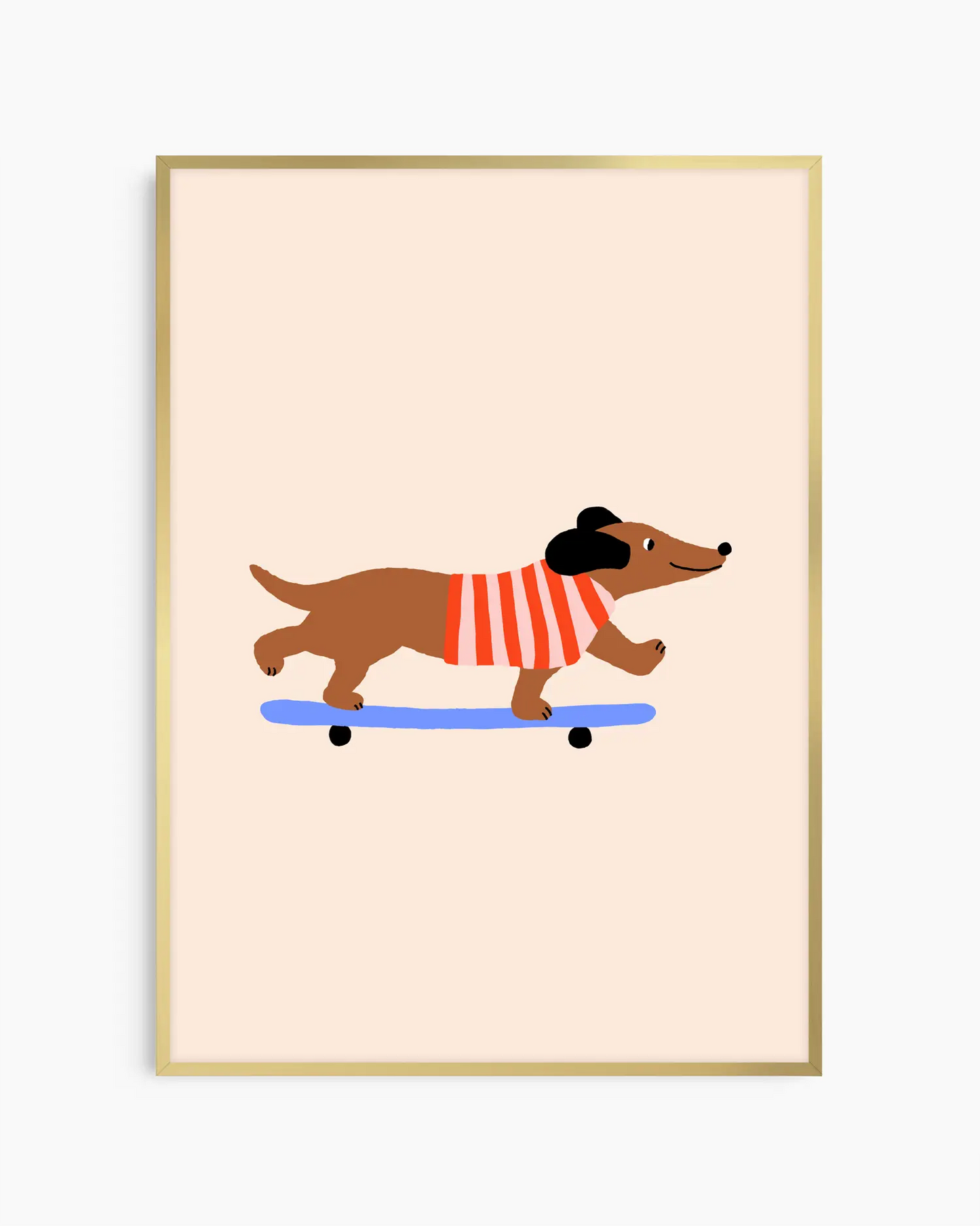 Framed artwork of a dachshund on a skateboard with a red sweater on a beige background