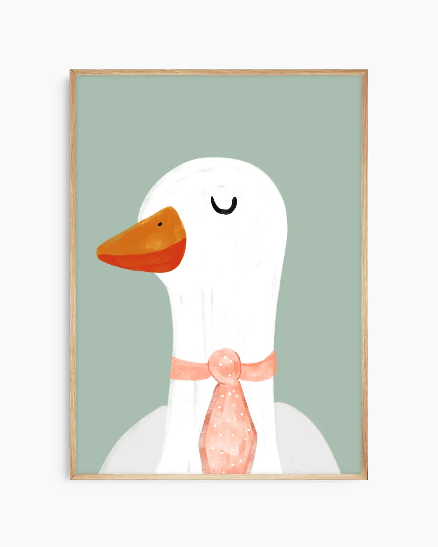 Framed artwork of a cartoon goose with a pink bow tie on a light green background
