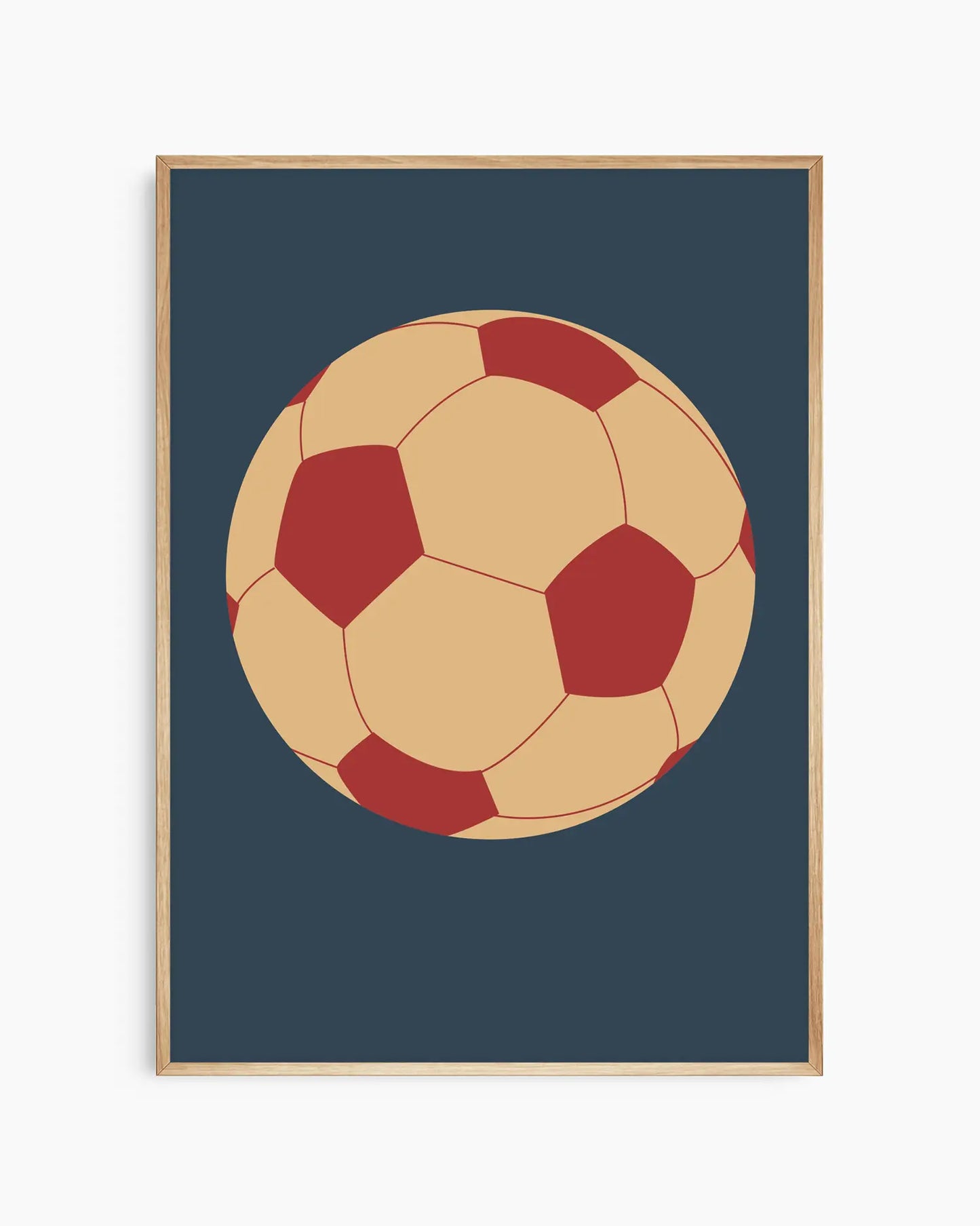 Framed artwork of a soccer ball with red and beige design on a dark blue background