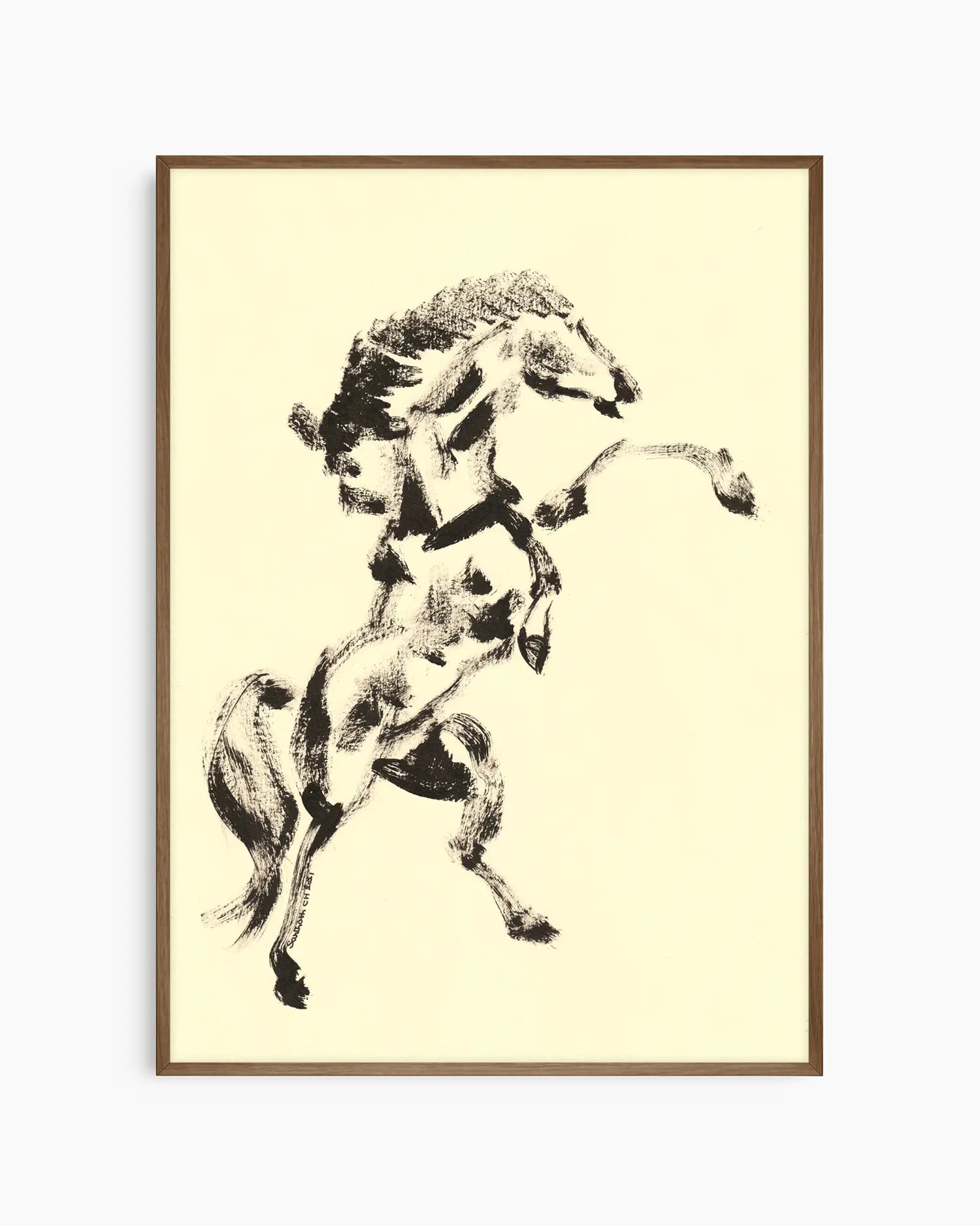 Framed artwork of a horse rearing on a beige background