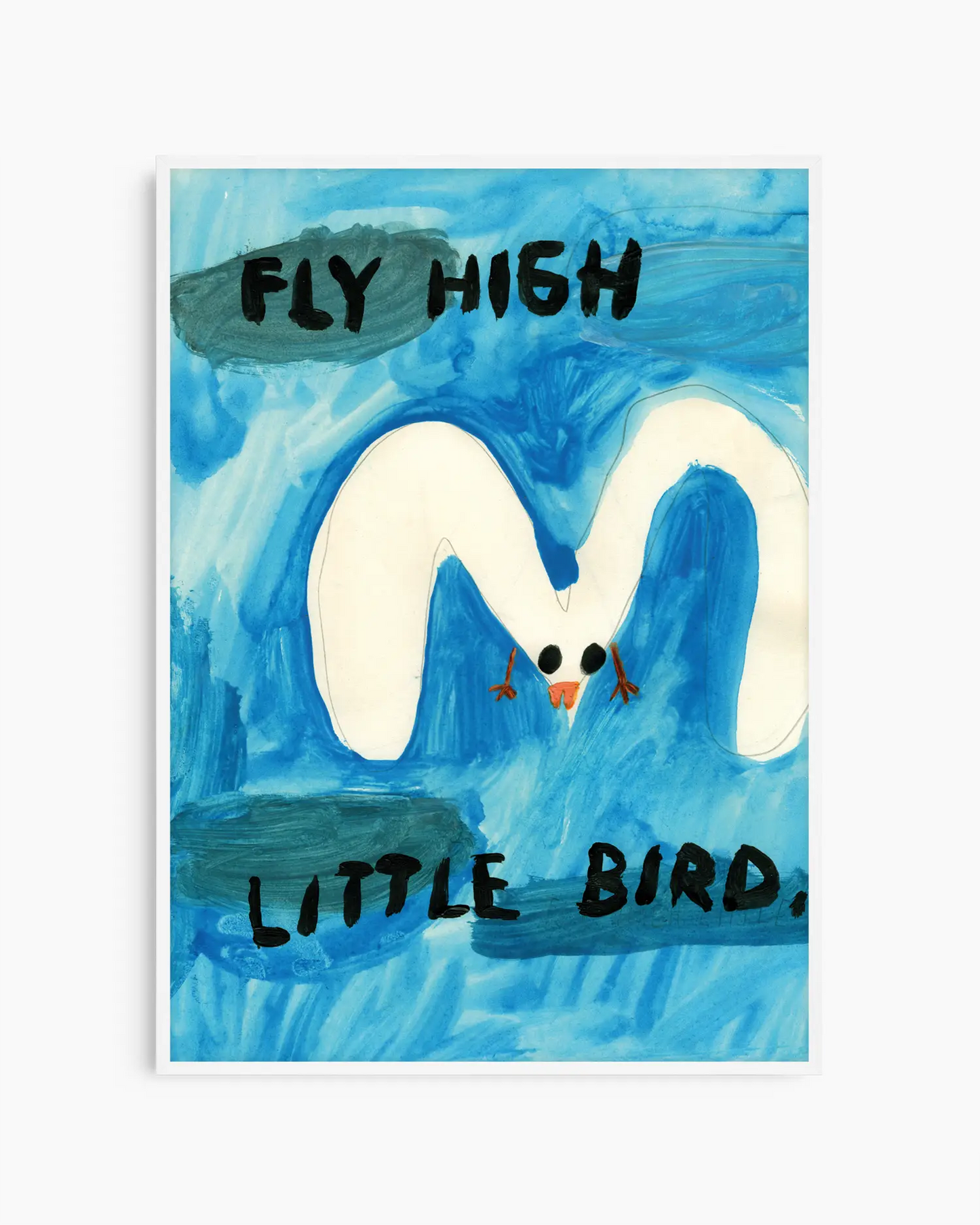 Artistic depiction of a bird with 'Fly High Little Bird' text on a blue background