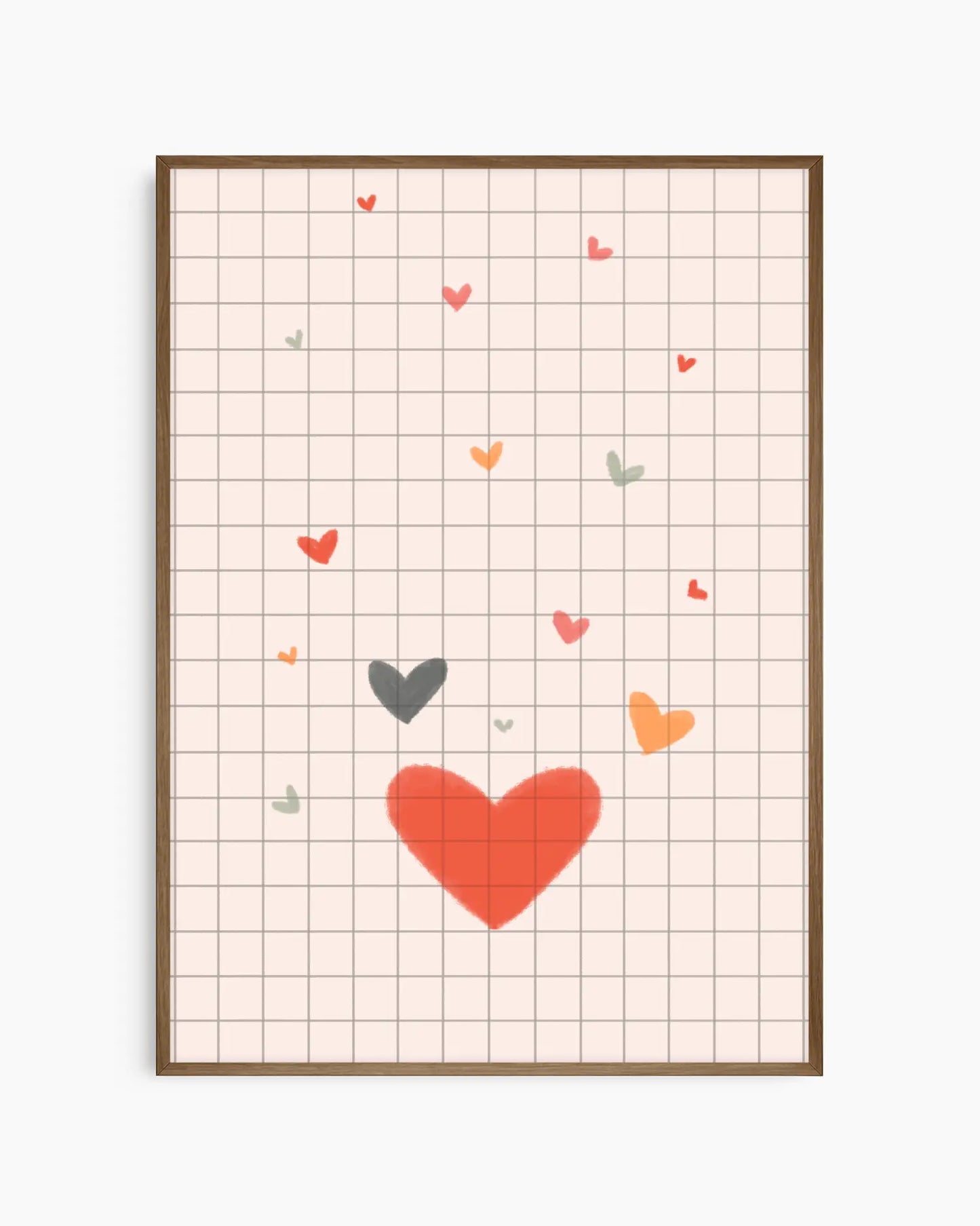 Framed artwork with a grid background and colorful hearts