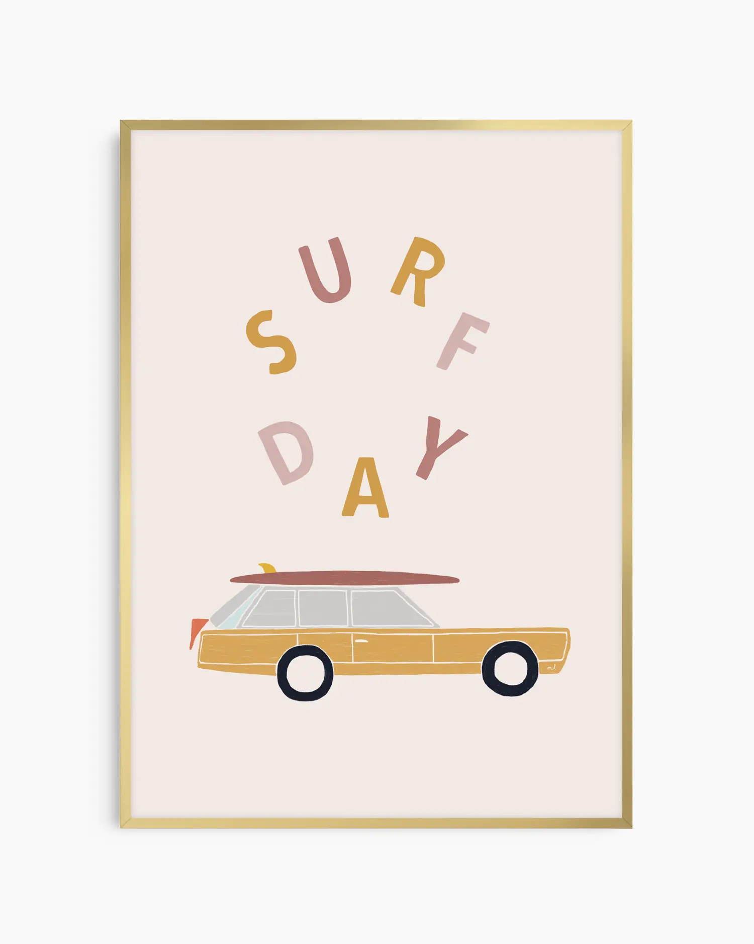 Poster with 'Surf Day' text and a car illustration on a light background