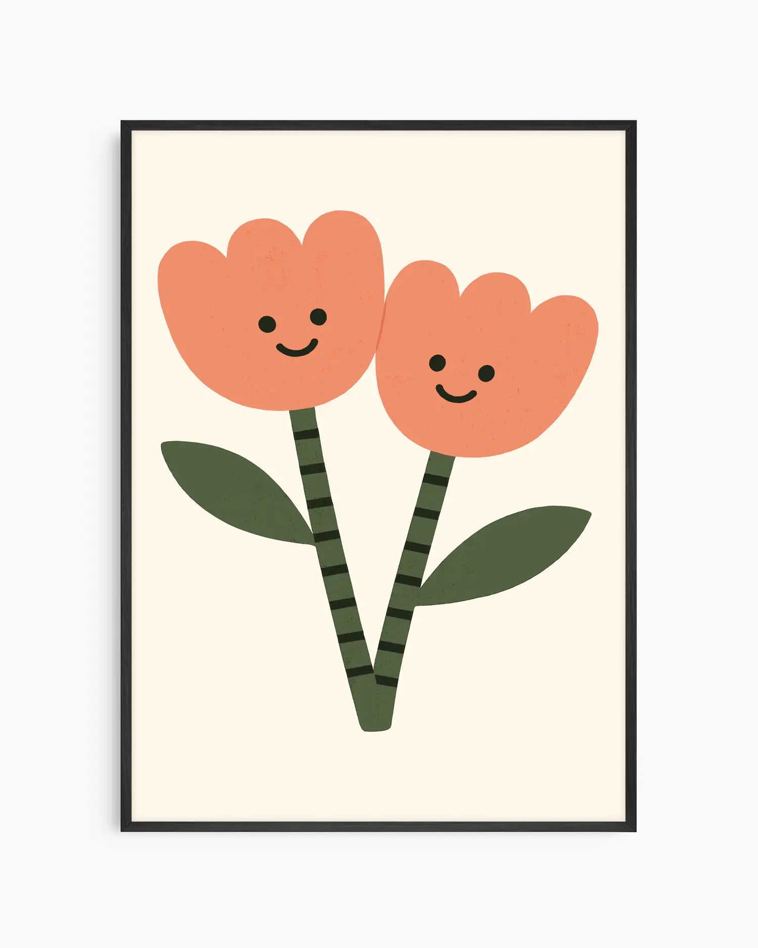 Framed artwork of two smiling orange flowers with green stems and leaves on a beige background.