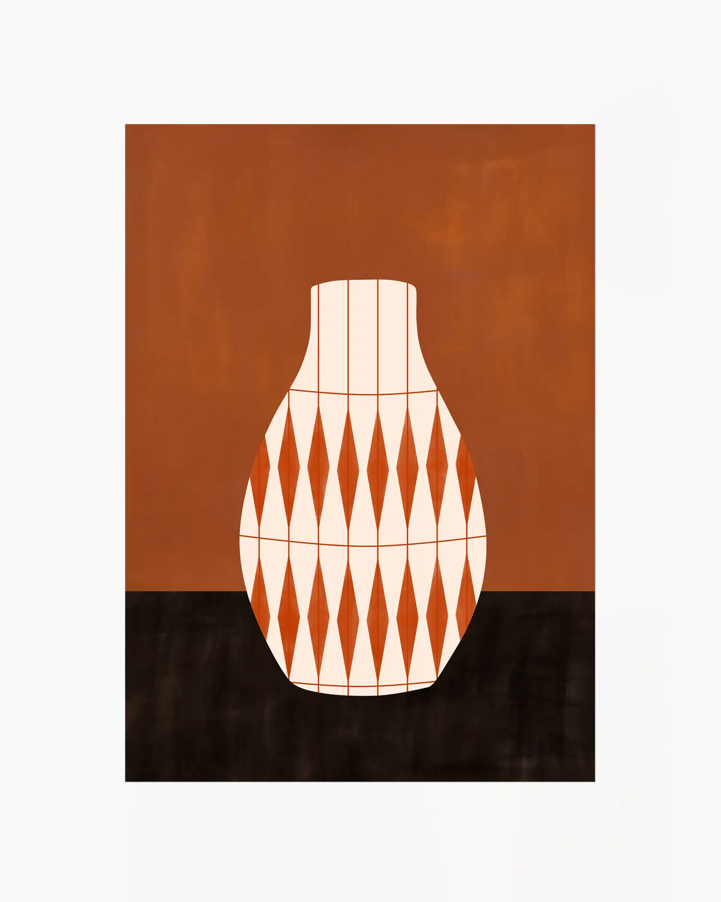 Artwork of a geometric vase design on a brown and black background.