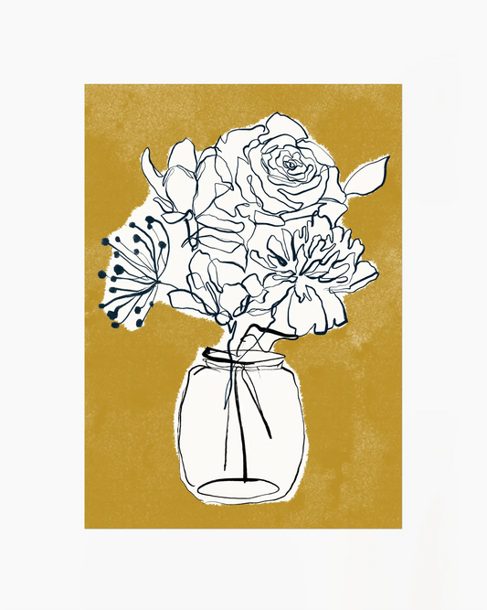 Black line drawing of flowers in a jar on a mustard yellow background