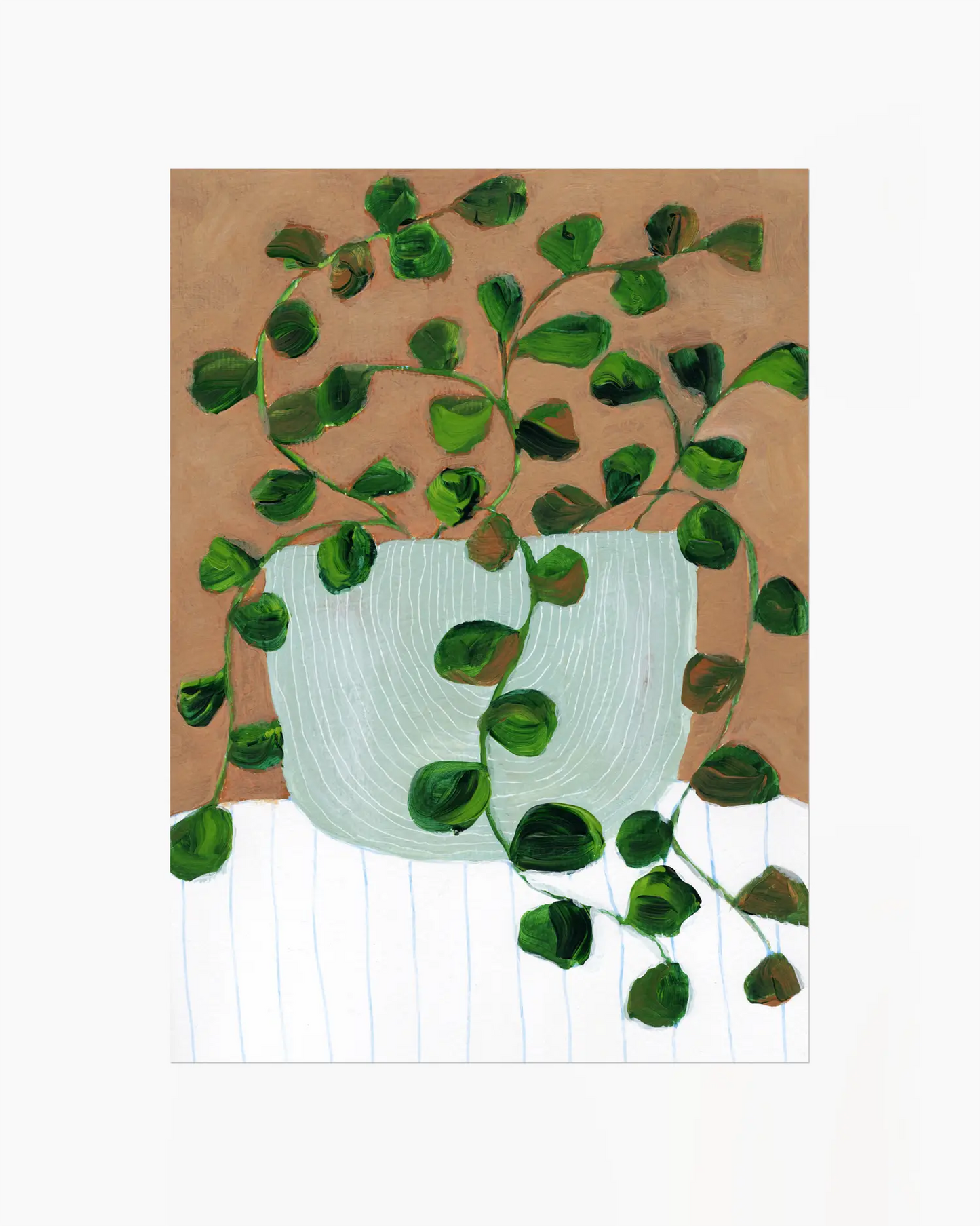 Artistic depiction of a potted plant with green leaves on a brown background