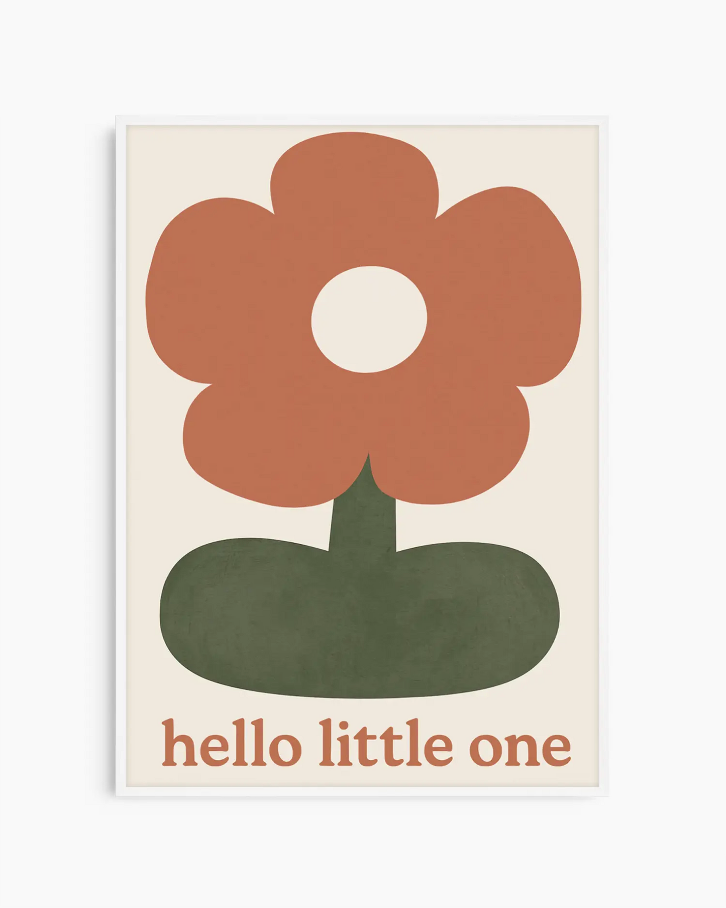 Poster with a stylized flower and 'hello little one' text on a beige background