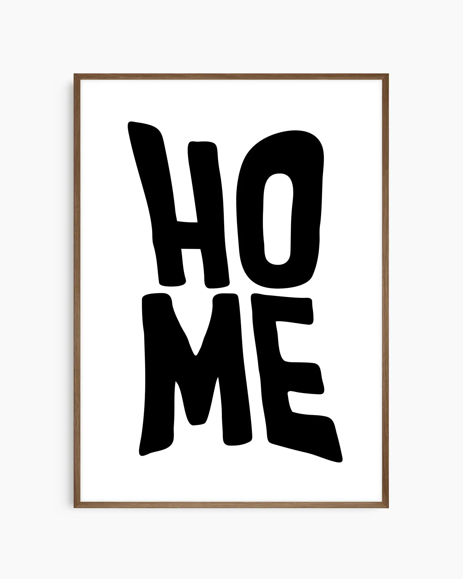 Framed artwork with 'HOME' text on a white background in a smoked oak wooden frame.