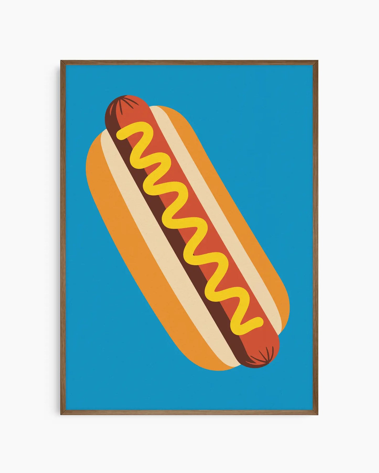 Illustration of a hot dog with mustard on a blue background