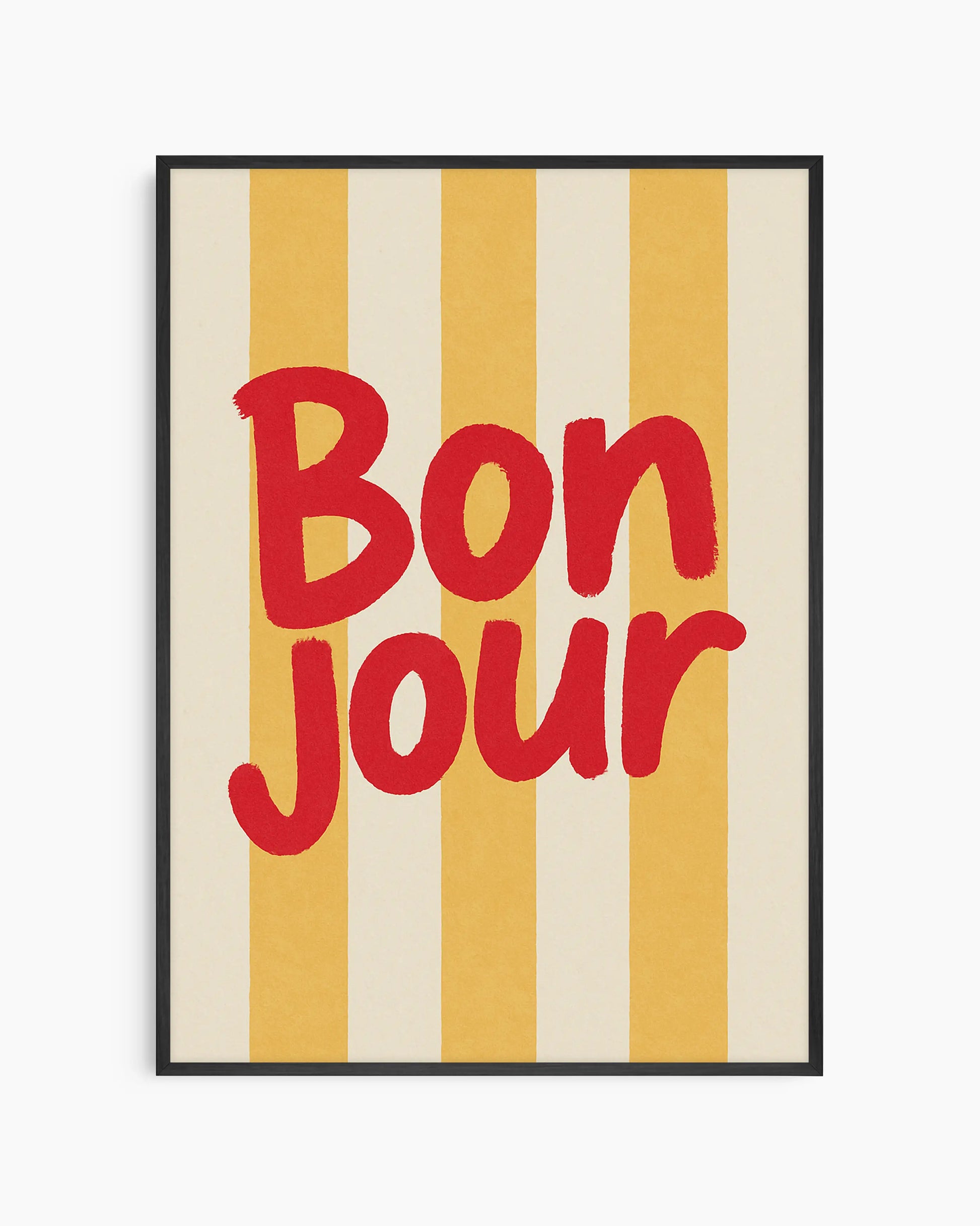 Poster with 'Bonjour' text in red on a striped yellow and beige background with a black frame.