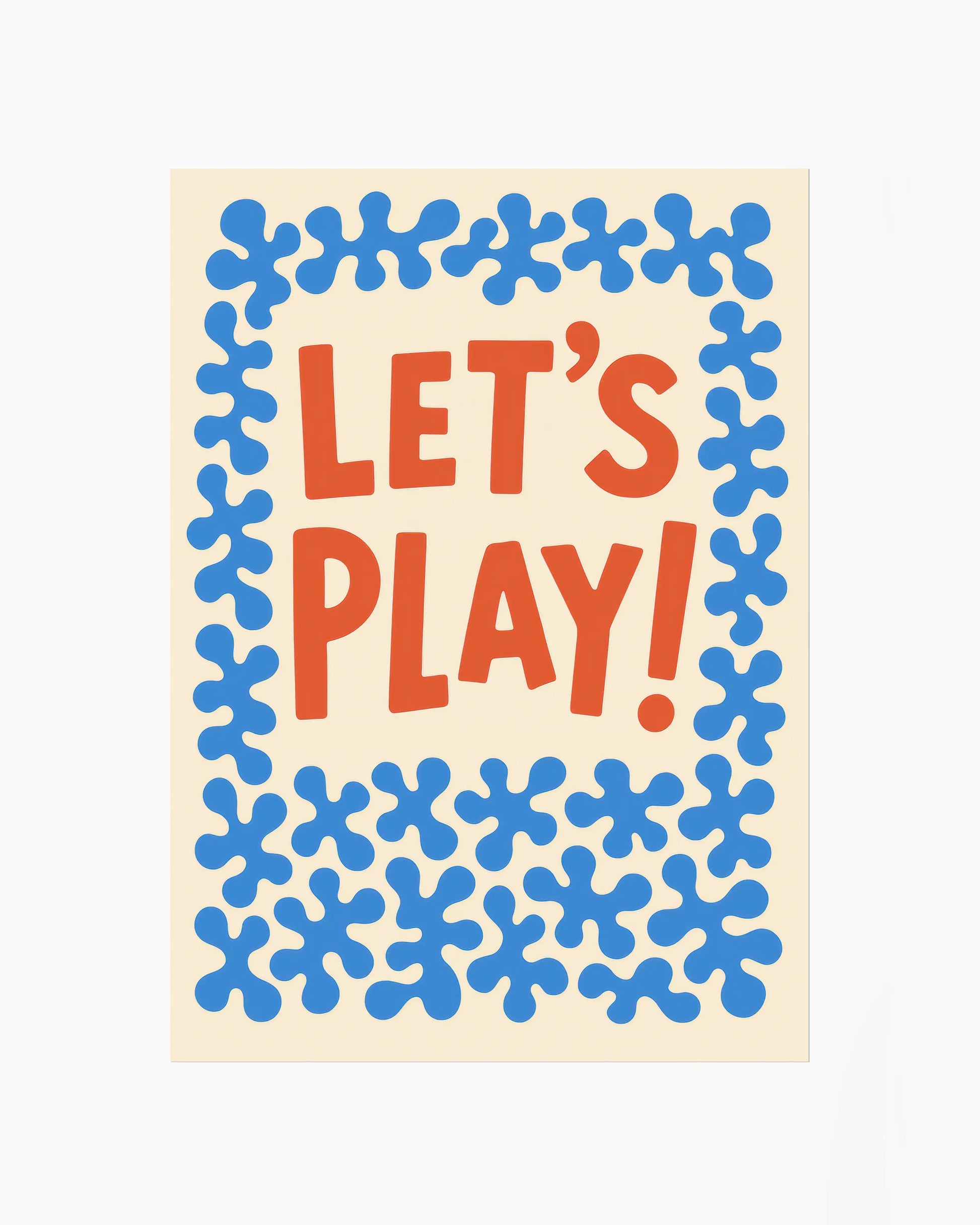 Poster with 'LET'S PLAY!' text in red and blue patterns on a beige background